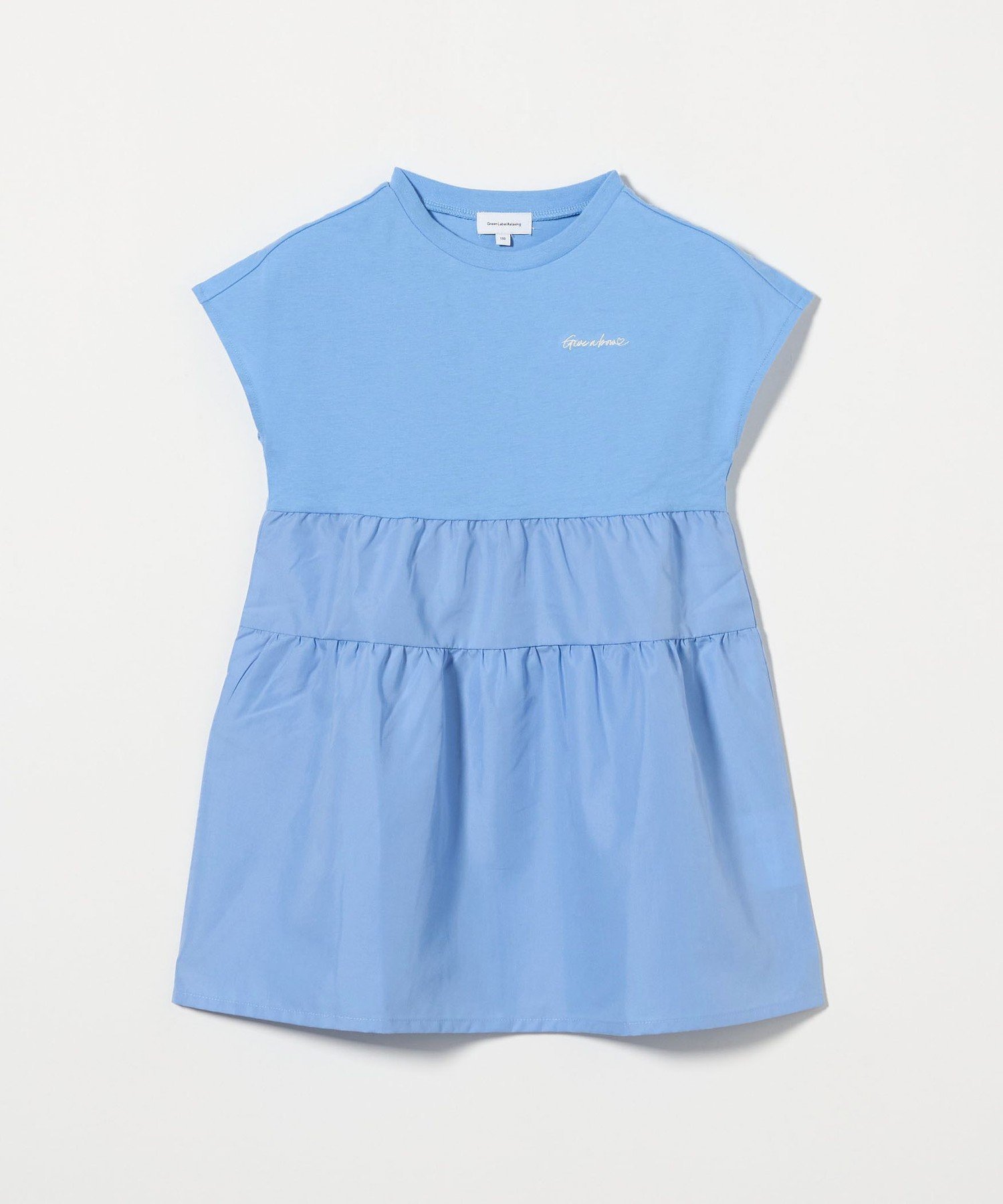 【ユナイテッドアローズ/UNITED ARROWS / KIDS】の天竺*布帛 プリント ワンピース / キッズ 100cm-130cm インテリア・キッズ・メンズ・レディースファッション・服の通販 founy(ファニー) 　ファッション　Fashion　キッズファッション　Fashion for Kids　ワンピース　Dresses　シューズ　Shoes, Footwear　ティアードスカート　Tiered Skirt, Flounced Skirt　ドッキング　Docking, Mixed Material　フロント　Front, Front Design　プリント　Print, Printed Pattern　モチーフ　Motif, Design Theme　無地　Plain, Solid Color　アウトレット　Outlet / Clearance　LT.BLUE|ID: prp329100004962046 ipo3291000000037226814