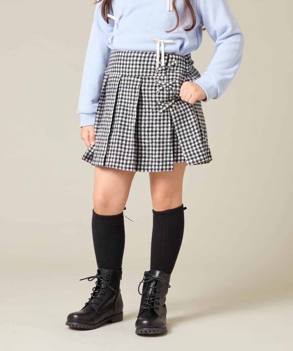 【アー ヴェー ヴェー/a.v.v / KIDS】の【大人気!追加生産/選べる素材】 110-160 レースアッププリーツスカパン 人気、トレンドファッション・服の通販 founy(ファニー) 　ファッション　Fashion　キッズファッション　Fashion for Kids　秋　Autumn　ガーリー　Girly, Feminine Style　コンパクト　Compact, Small Size　シンプル　Simple, Minimal　スニーカー　Sneakers, Trainers　タイツ　Tights, Legwear　チェック　Check, Plaid, Tartan　デニム　Denim, Jeans Material　トレンド　Trend, Trending Now　人気　Popular, Best Seller　フレア　Flare, Flared　フロント　Front, Front Design　ブリーチ　Bleach, Washed Finish　プリーツ　Pleats, Pleated　ベーシック　Basic, Essential　ポケット　Pocket, Pocket Detail　無地　Plain, Solid Color　レース　Lace, Lace Fabric　楽ちん　Easy Fit, Comfortable　再入荷　Restock / Back in Stock　おすすめ　Recommended / Our Picks　エレガント 上品　Elegant　 other-1|ID: prp329100004962102 ipo3291000000037227090