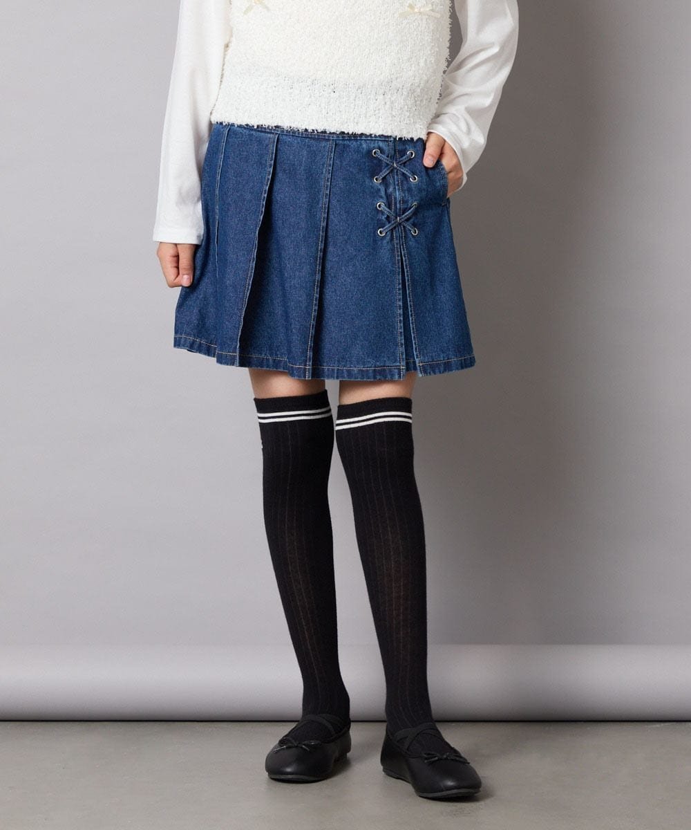 【アー ヴェー ヴェー/a.v.v / KIDS】の【大人気!追加生産/選べる素材】 110-160 レースアッププリーツスカパン インテリア・キッズ・メンズ・レディースファッション・服の通販 founy(ファニー) 　ファッション　Fashion　キッズファッション　Fashion for Kids　秋　Autumn　ガーリー　Girly, Feminine Style　コンパクト　Compact, Small Size　シンプル　Simple, Minimal　スニーカー　Sneakers, Trainers　タイツ　Tights, Legwear　チェック　Check, Plaid, Tartan　デニム　Denim, Jeans Material　トレンド　Trend, Trending Now　人気　Popular, Best Seller　フレア　Flare, Flared　フロント　Front, Front Design　ブリーチ　Bleach, Washed Finish　プリーツ　Pleats, Pleated　ベーシック　Basic, Essential　ポケット　Pocket, Pocket Detail　無地　Plain, Solid Color　レース　Lace, Lace Fabric　楽ちん　Easy Fit, Comfortable　再入荷　Restock / Back in Stock　おすすめ　Recommended / Our Picks　エレガント 上品　Elegant　ブルー|ID: prp329100004962102 ipo3291000000037227097