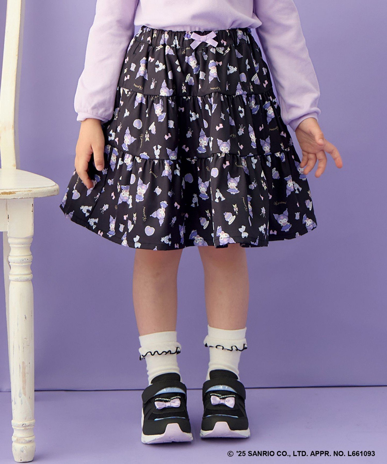 【エニー/ANY / KIDS】の【マイメロディ クロミ×ANY KIDS】総柄 ティアードスカート インテリア・キッズ・メンズ・レディースファッション・服の通販 founy(ファニー) 　ファッション　Fashion　キッズファッション　Fashion for Kids　キャラクター　Character, Licensed Characters　チェック　Check, Plaid, Tartan　ティアードスカート　Tiered Skirt, Flounced Skirt　トレーナー　Sweatshirt, Trainer　長袖　Long Sleeve, Full Sleeve　ブルゾン　Blouson, Bomber Jacket　ポケット　Pocket, Pocket Detail　ポシェット　Pochette, Mini Bag　リボン　Ribbon, Bow　おすすめ　Recommended / Our Picks　ブラック×クロミ[005]|ID: prp329100004962159 ipo3291000000037227417