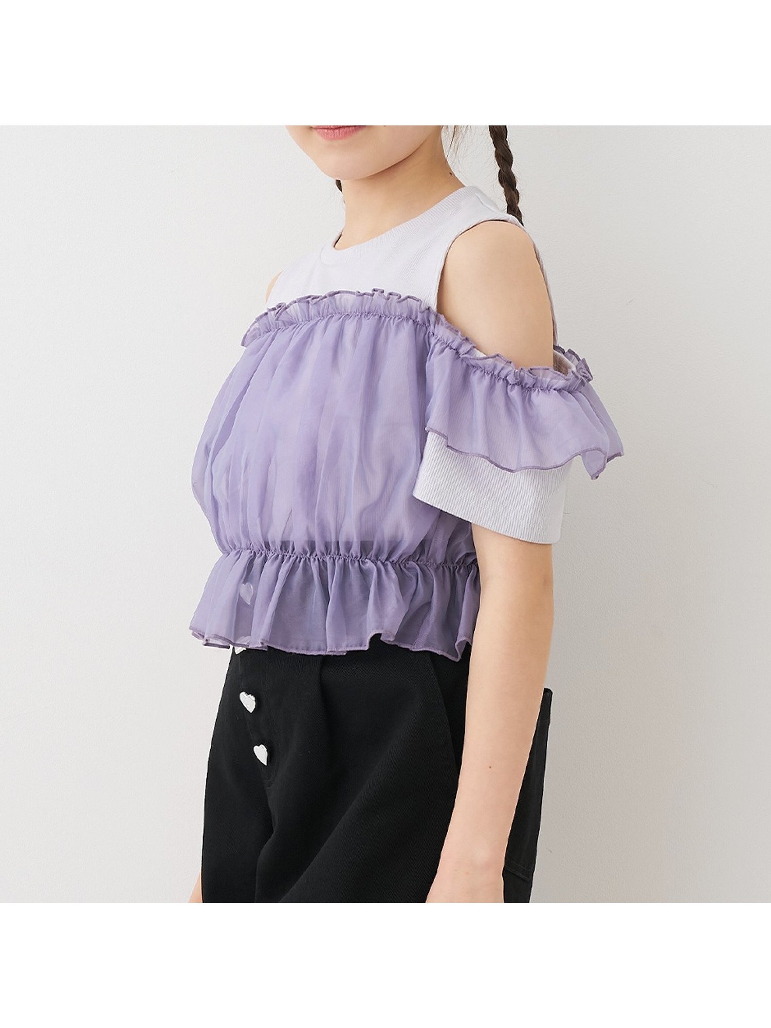 【コカ/coca / KIDS】のキッズ ドッキングリブ肩あきトップス インテリア・キッズ・メンズ・レディースファッション・服の通販 founy(ファニー) 　ファッション　Fashion　キッズファッション　Fashion for Kids　トップス・カットソー　Cut & Sew Tops　カットソー　Cut and Sewn Top　ガーリー　Girly, Feminine Style　ショート　Short, Short Length　ダウン　Down, Puffer　チュール　Tulip, Tulip Motif　デニム　Denim, Jeans Material　ドッキング　Docking, Mixed Material　フィット　Fit, Slim Fit　フリル　Frill, Ruffle　ポケット　Pocket, Pocket Detail　半袖　Short Sleeve, Half Sleeve　2026年　2026　2026春夏・S/S　Spring/Summer 2026 SS26　Purple|ID: prp329100004962210 ipo3291000000037227737