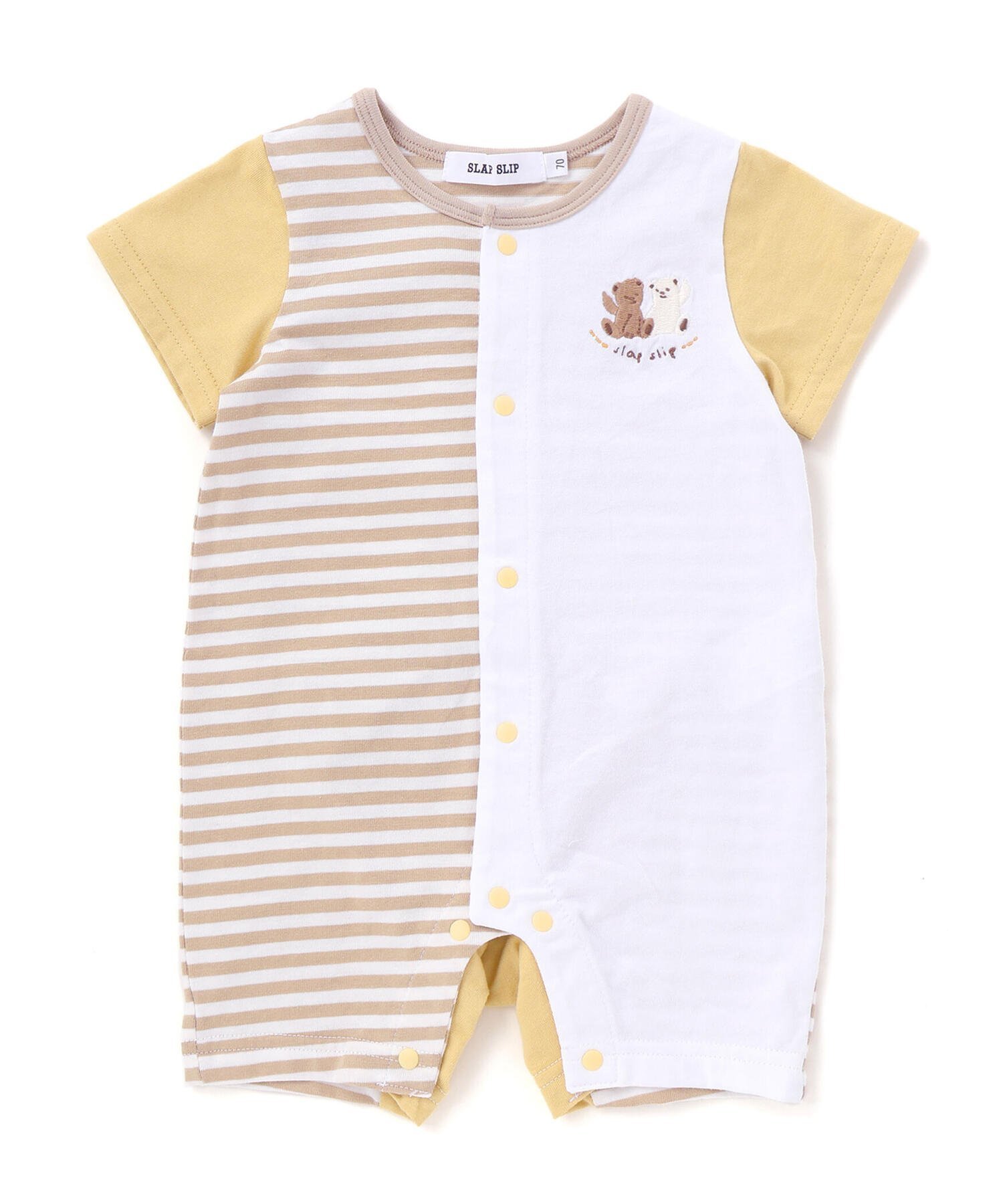 【ベベ オンライン ストア/BEBE ONLINE STORE / KIDS】のくじらクマ恐竜アニマルおしりモチーフボーダー切り替えロンパースベビー(60~80cm) インテリア・キッズ・メンズ・レディースファッション・服の通販 founy(ファニー) 　ファッション　Fashion　キッズファッション　Fashion for Kids　アニマル　Animal Print　春　Spring　コレクション　Collection, Seasonal Line　フレンチ　French, French Style　フロント　Front, Front Design　ベビー　Baby, Babywear　ボーダー　Border, Stripe　半袖　Short Sleeve, Half Sleeve　モチーフ　Motif, Design Theme　無地　Plain, Solid Color　ロンパース　Romper, Jumpsuit　S/S・春夏　SS, Spring/Summer, Warm Season　夏　Summer　エレガント 上品　Elegant　2026年　2026　2026春夏・S/S　Spring/Summer 2026 SS26　ベージュ系|ID: prp329100004962218 ipo3291000000037227794