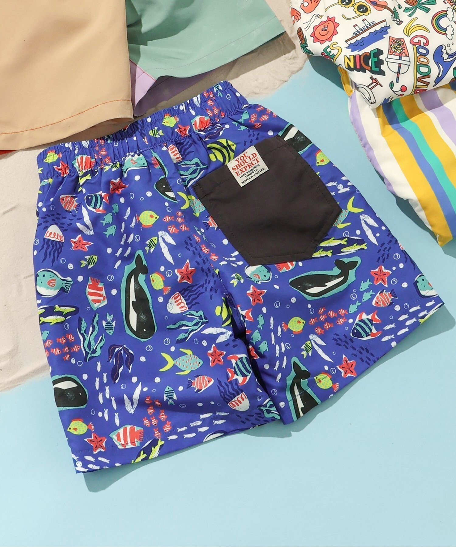 【エフオー オンラインストア/F.O.Online Store / KIDS】の【UVカット】無地・総柄わくわくビーチショーツ インテリア・キッズ・メンズ・レディースファッション・服の通販 founy(ファニー) 　ファッション　Fashion　キッズファッション　Fashion for Kids　アウトドア　Outdoor Clothing　ショーツ　Shorts, Short Pants　ビーチ　Beach, Seaside　夏　Summer　定番　Standard, Basic Item　無地　Plain, Solid Color　ブルー|ID: prp329100004962233 ipo3291000000037227880