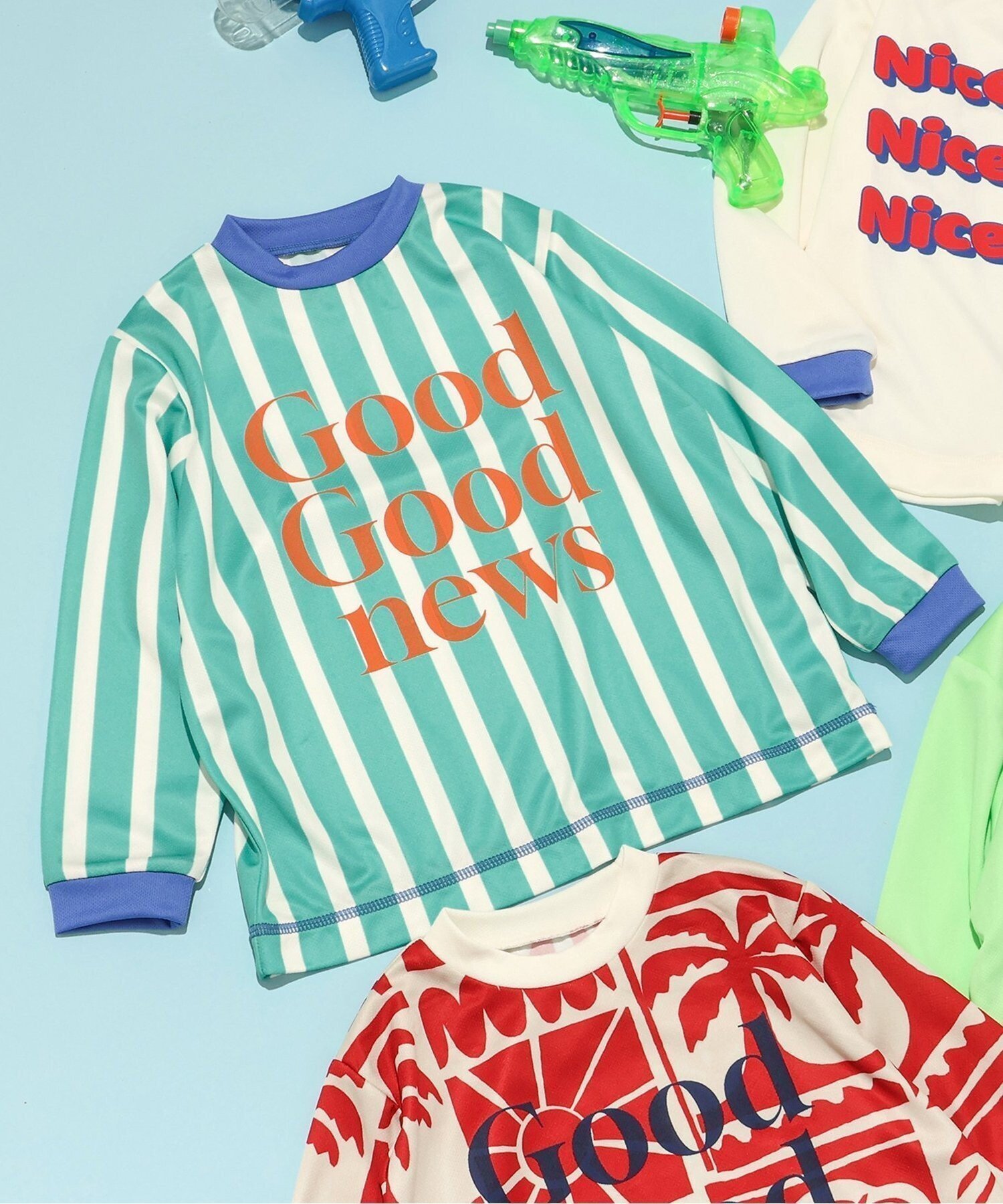 【エフオー オンラインストア/F.O.Online Store / KIDS】の【UVカット】わくわく長袖ラッシュガード インテリア・キッズ・メンズ・レディースファッション・服の通販 founy(ファニー) 　ファッション　Fashion　キッズファッション　Fashion for Kids　おすすめ　Recommended / Our Picks　アウトドア　Outdoor Clothing　ショーツ　Shorts, Short Pants　ストライプ　Stripe, Striped Pattern　ビーチ　Beach, Seaside　夏　Summer　長袖　Long Sleeve, Full Sleeve　エメラルドグリーン|ID: prp329100004962273 ipo3291000000037228079