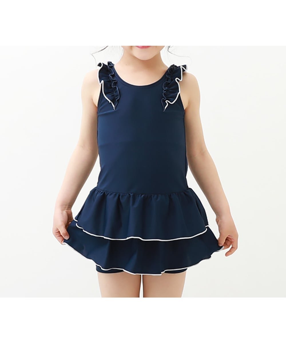 【デビロック/devirock / KIDS】のUVカット 女児 セパレート型 フリルスクール水着 子供服 キッズ 女の子 26SS インテリア・キッズ・メンズ・レディースファッション・服の通販 founy(ファニー) 　ファッション　Fashion　キッズファッション　Fashion for Kids　ストレッチ　Stretch, Stretchy Fabric　セパレート　Separate, Two-Piece　フィット　Fit, Slim Fit　フリル　Frill, Ruffle　ベーシック　Basic, Essential　水着　Swimsuit, Swimwear　2026年　2026　2026春夏・S/S　Spring/Summer 2026 SS26　002-ネイビー-ホワイト|ID: prp329100004962286 ipo3291000000037228169