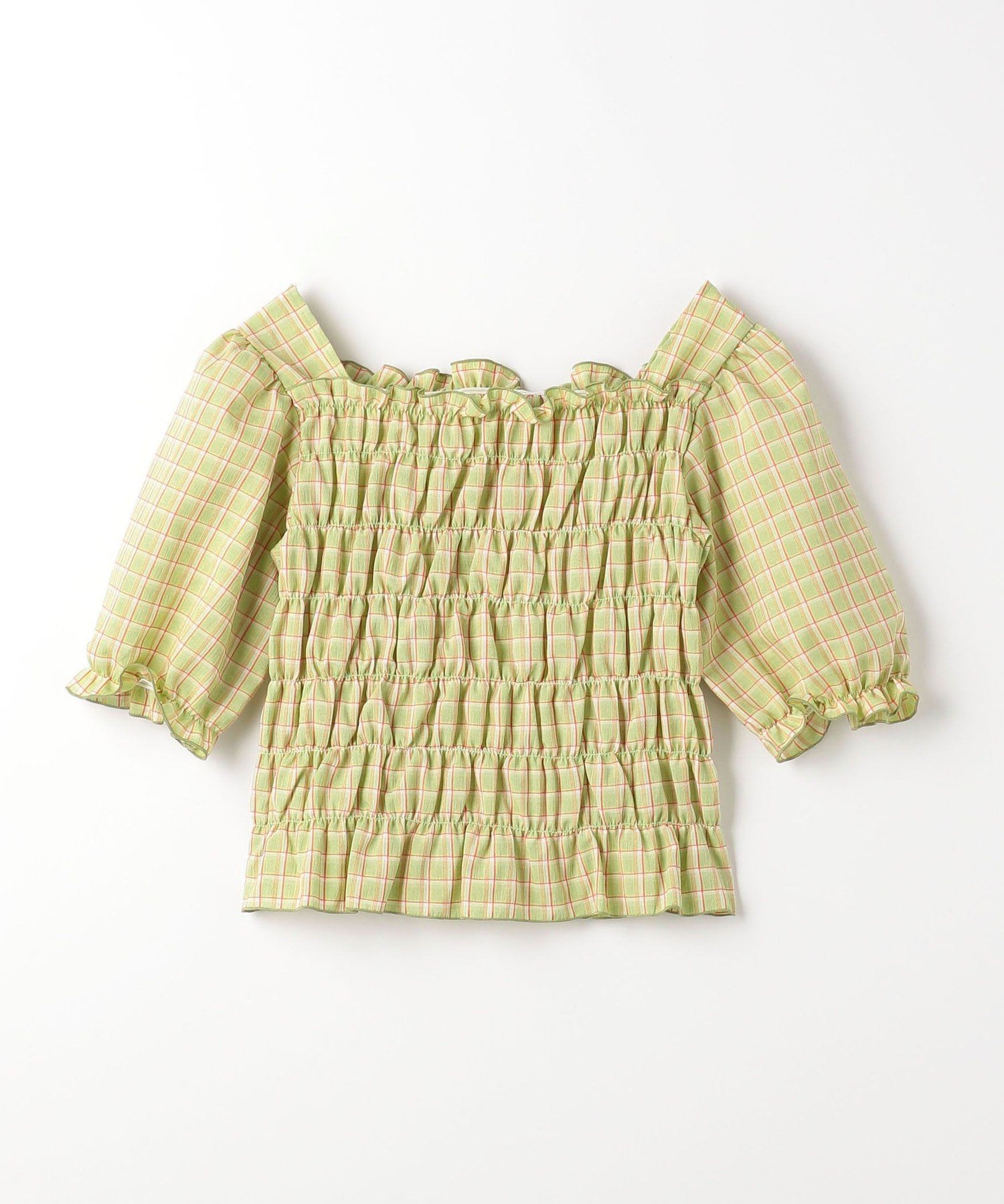 【ユナイテッドアローズ/UNITED ARROWS / KIDS】のチェック シャーリング プルオーバー / キッズ 140cm-160cm インテリア・キッズ・メンズ・レディースファッション・服の通販 founy(ファニー) 　ファッション　Fashion　キッズファッション　Fashion for Kids　トップス・カットソー　Cut & Sew Tops　シャーリング　Shirring, Ruched　セットアップ　Set-Up, Coordinated Outfit　チェック　Check, Plaid, Tartan　デニム　Denim, Jeans Material　定番　Standard, Basic Item　ボトム　Bottoms, Lower Wear　アウトレット　Outlet / Clearance　おすすめ　Recommended / Our Picks　夏　Summer　LIME|ID: prp329100004962289 ipo3291000000037228185