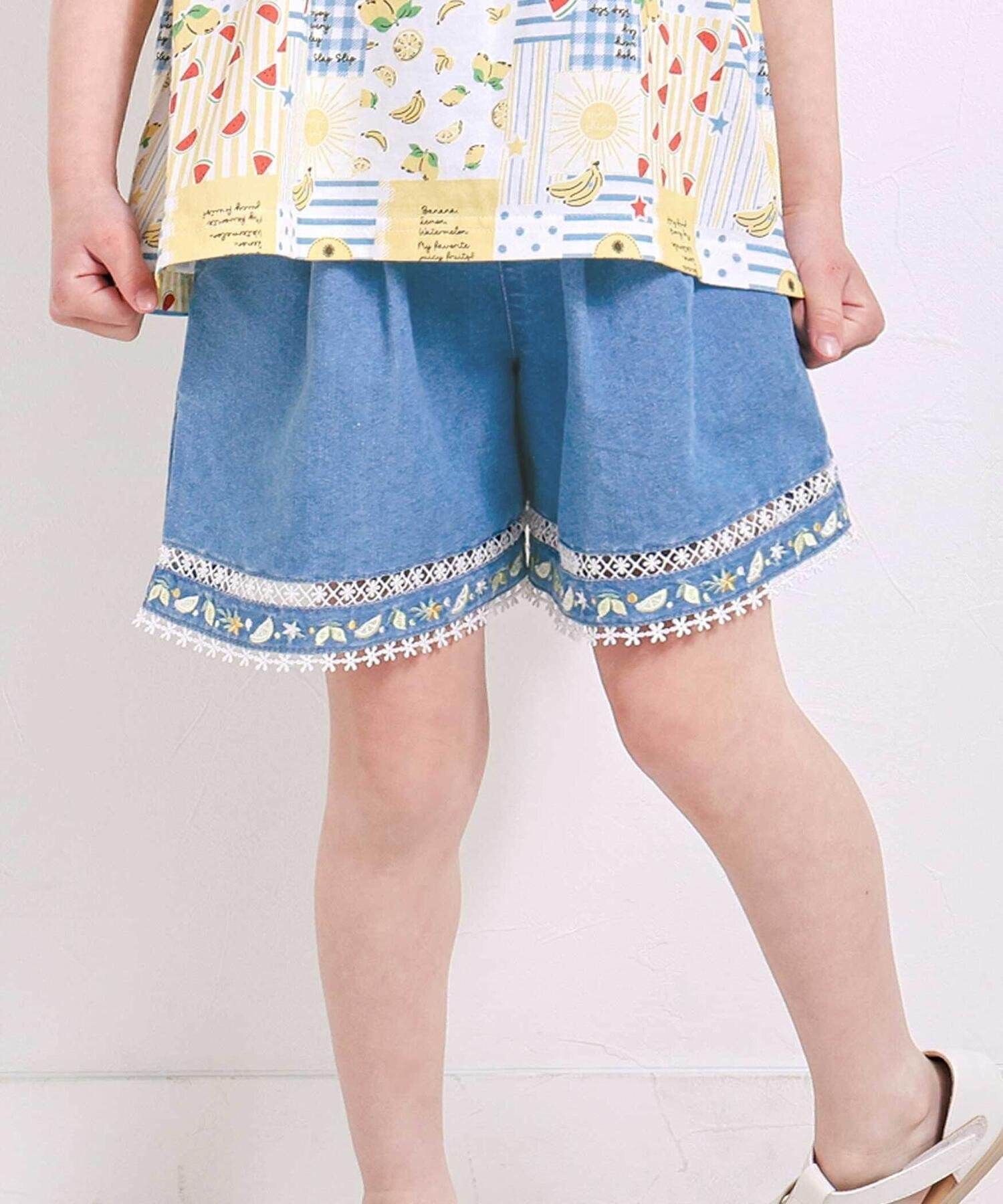 【ベベ オンライン ストア/BEBE ONLINE STORE / KIDS】の裾レース刺しゅう入りデニムショートパンツ(90~130cm) 人気、トレンドファッション・服の通販 founy(ファニー) 　ファッション　Fashion　キッズファッション　Fashion for Kids　ボトムス　Bottoms　春　Spring　コレクション　Collection, Seasonal Line　ショート　Short, Short Length　チェック　Check, Plaid, Tartan　デニム　Denim, Jeans Material　フレンチ　French, French Style　フロント　Front, Front Design　モチーフ　Motif, Design Theme　リゾート　Resort, Vacation Style　レース　Lace, Lace Fabric　S/S・春夏　SS, Spring/Summer, Warm Season　夏　Summer　エレガント 上品　Elegant　2026年　2026　2026春夏・S/S　Spring/Summer 2026 SS26　 other-1|ID: prp329100004962328 ipo3291000000037228400