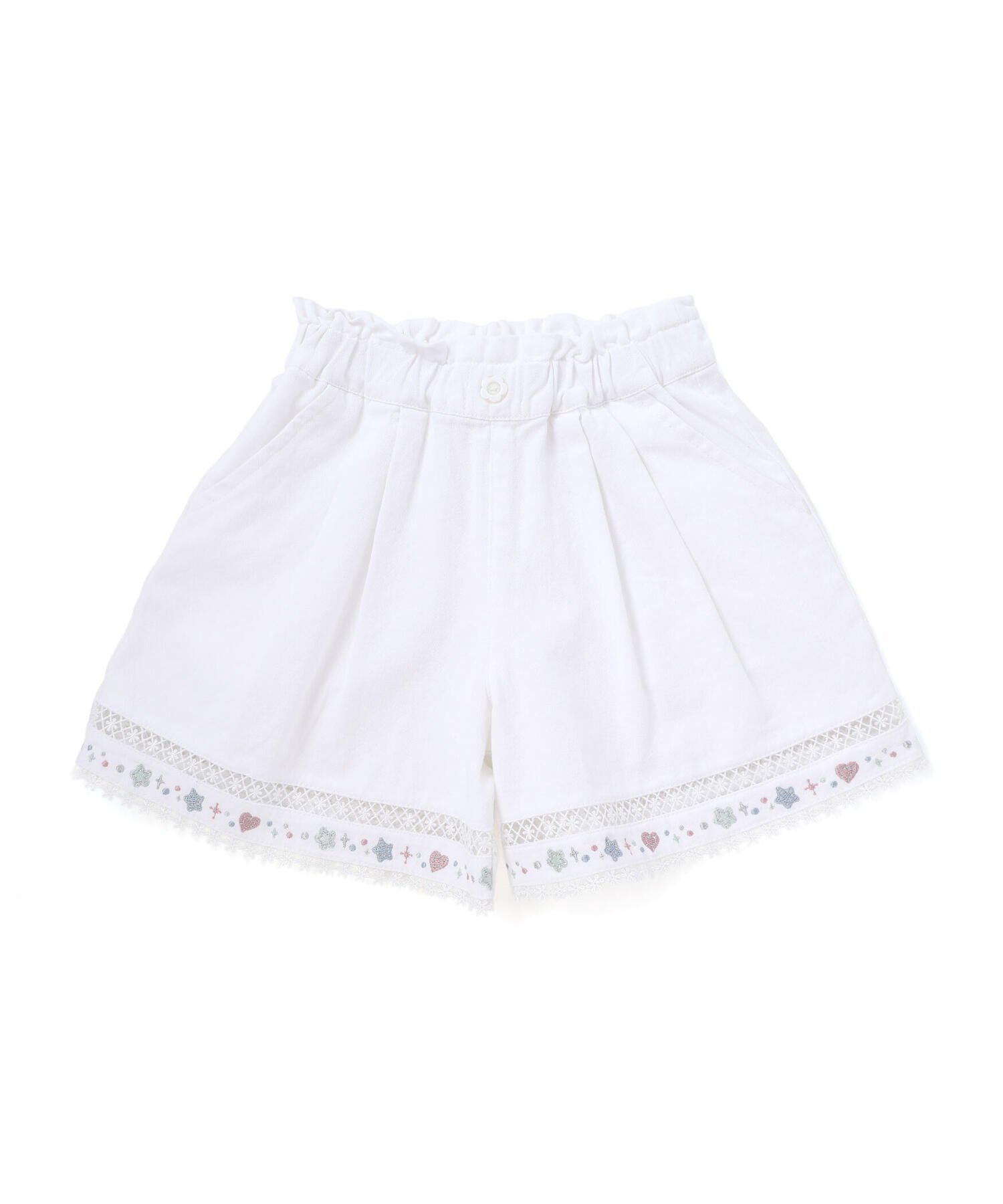 【ベベ オンライン ストア/BEBE ONLINE STORE / KIDS】の裾レース刺しゅう入りデニムショートパンツ(90~130cm) インテリア・キッズ・メンズ・レディースファッション・服の通販 founy(ファニー) 　ファッション　Fashion　キッズファッション　Fashion for Kids　ボトムス　Bottoms　春　Spring　コレクション　Collection, Seasonal Line　ショート　Short, Short Length　チェック　Check, Plaid, Tartan　デニム　Denim, Jeans Material　フレンチ　French, French Style　フロント　Front, Front Design　モチーフ　Motif, Design Theme　リゾート　Resort, Vacation Style　レース　Lace, Lace Fabric　S/S・春夏　SS, Spring/Summer, Warm Season　夏　Summer　エレガント 上品　Elegant　2026年　2026　2026春夏・S/S　Spring/Summer 2026 SS26　ホワイト|ID: prp329100004962328 ipo3291000000037228402