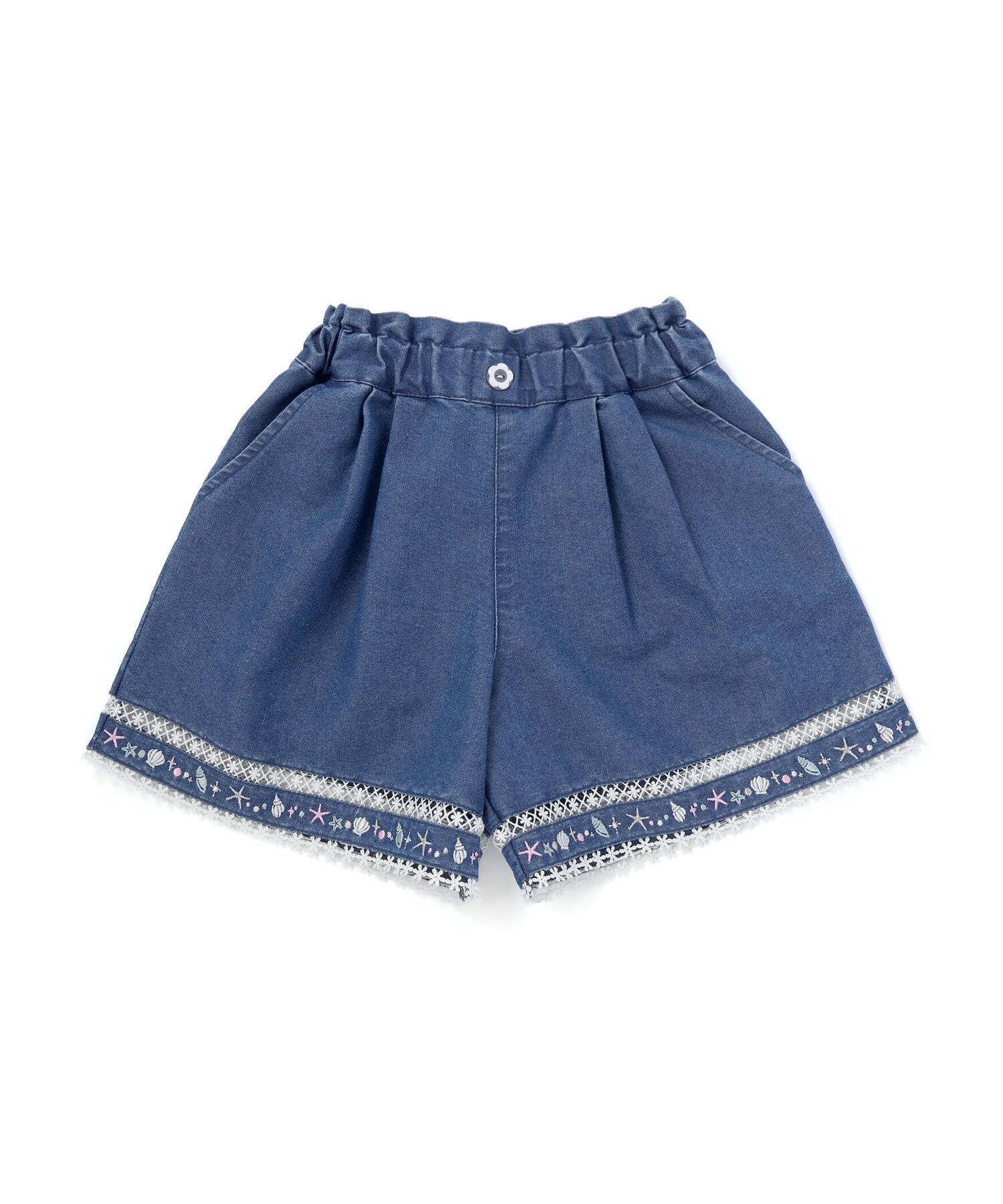 【ベベ オンライン ストア/BEBE ONLINE STORE / KIDS】の裾レース刺しゅう入りデニムショートパンツ(90~130cm) インテリア・キッズ・メンズ・レディースファッション・服の通販 founy(ファニー) 　ファッション　Fashion　キッズファッション　Fashion for Kids　ボトムス　Bottoms　春　Spring　コレクション　Collection, Seasonal Line　ショート　Short, Short Length　チェック　Check, Plaid, Tartan　デニム　Denim, Jeans Material　フレンチ　French, French Style　フロント　Front, Front Design　モチーフ　Motif, Design Theme　リゾート　Resort, Vacation Style　レース　Lace, Lace Fabric　S/S・春夏　SS, Spring/Summer, Warm Season　夏　Summer　エレガント 上品　Elegant　2026年　2026　2026春夏・S/S　Spring/Summer 2026 SS26　ネイビー|ID: prp329100004962328 ipo3291000000037228403