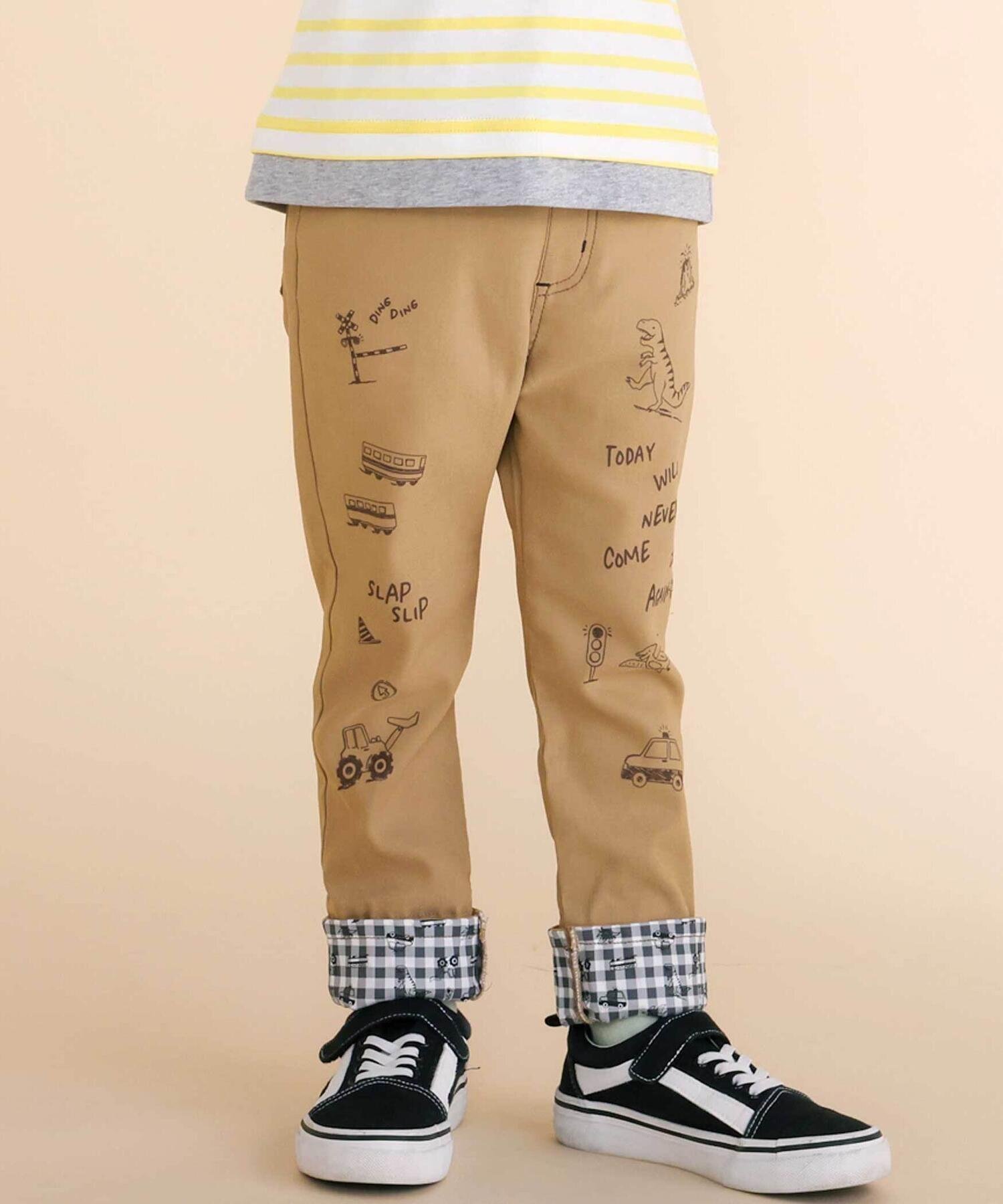 【ベベ オンライン ストア/BEBE ONLINE STORE / KIDS】の裾折り返しプリントストレッチツイルパンツ(80~130cm) インテリア・キッズ・メンズ・レディースファッション・服の通販 founy(ファニー) 　ファッション　Fashion　キッズファッション　Fashion for Kids　ボトムス　Bottoms　春　Spring　コレクション　Collection, Seasonal Line　チェック　Check, Plaid, Tartan　フレンチ　French, French Style　プリント　Print, Printed Pattern　モチーフ　Motif, Design Theme　S/S・春夏　SS, Spring/Summer, Warm Season　夏　Summer　エレガント 上品　Elegant　2026年　2026　2026春夏・S/S　Spring/Summer 2026 SS26　ベージュ|ID: prp329100004962364 ipo3291000000037228551