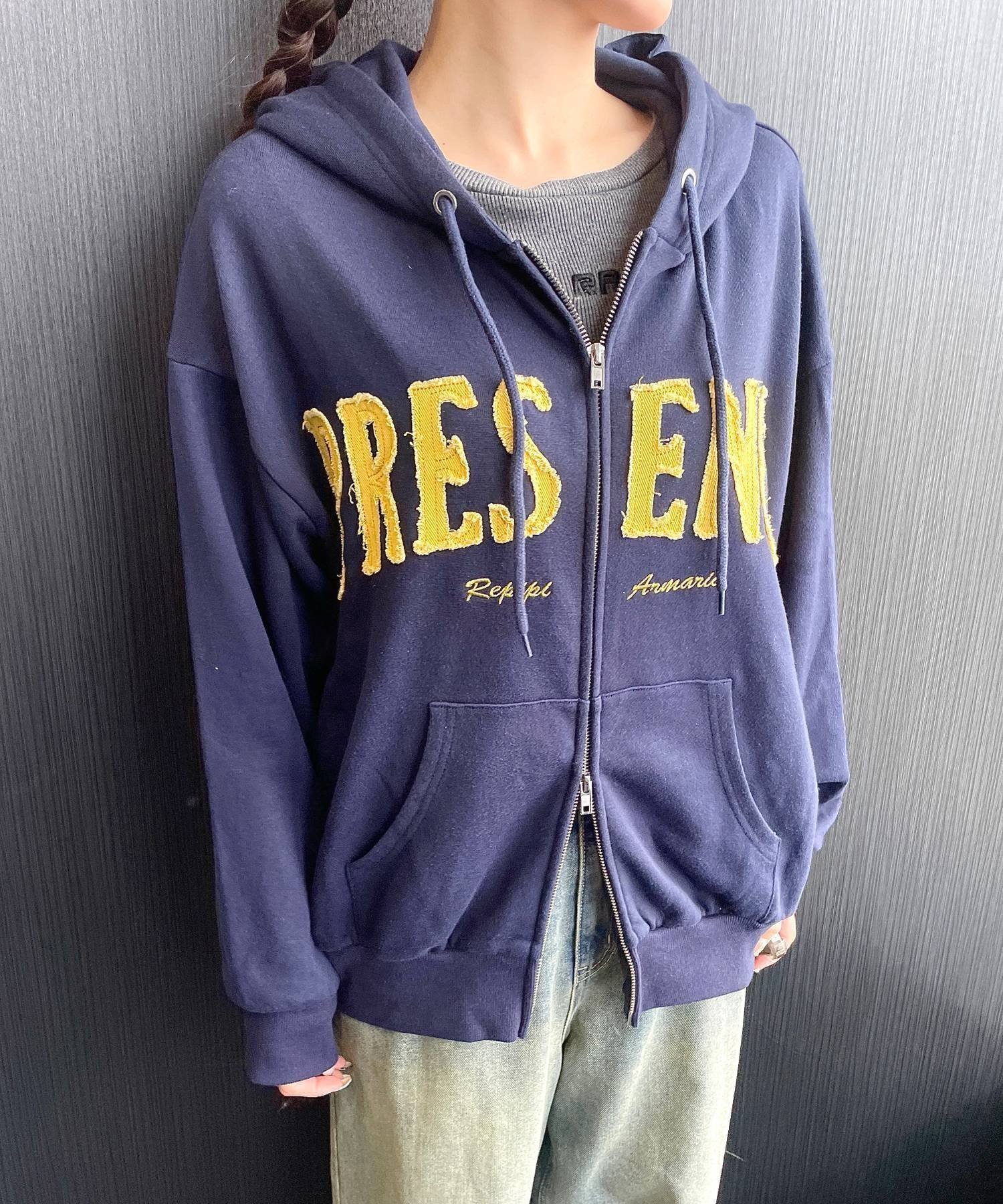 【レピピアルマリオ/repipi armario / KIDS】のワッペンルーズZIPパーカー インテリア・キッズ・メンズ・レディースファッション・服の通販 founy(ファニー) 　ファッション　Fashion　キッズファッション　Fashion for Kids　おすすめ　Recommended / Our Picks　インナー　Innerwear　カーゴパンツ　Cargo Pants, Utility Pants　スウェット / スエット　Sweatshirt, Sweatwear　チェック　Check, Plaid, Tartan　デニム　Denim, Jeans Material　パーカー　Hoodie, Parka　フロント　Front, Front Design　ボトム　Bottoms, Lower Wear　ルーズ　Loose, Oversized　ロング　Long, Long-Length　ネイビー88|ID: prp329100004962384 ipo3291000000037228644