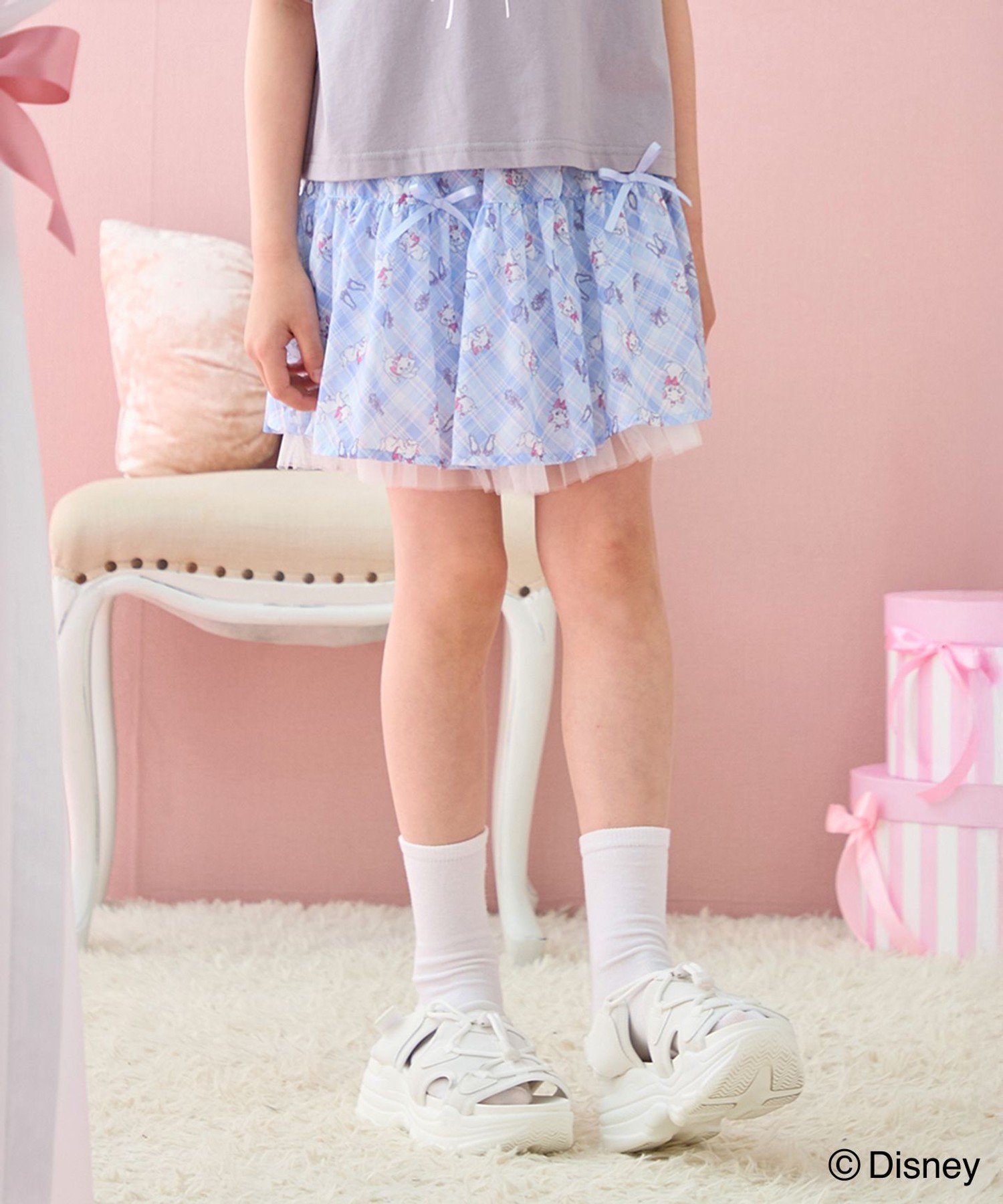 【エニー/ANY / KIDS】の【ディズニー/マリー】チェック柄 総柄スカパン インテリア・キッズ・メンズ・レディースファッション・服の通販 founy(ファニー) 　ファッション　Fashion　キッズファッション　Fashion for Kids　インナー　Innerwear　春　Spring　ガーリー　Girly, Feminine Style　キャップ　Cap, Baseball Cap　コレクション　Collection, Seasonal Line　シフォン　Chiffon, Lightweight Fabric　ショート　Short, Short Length　チェック　Check, Plaid, Tartan　チュール　Tulip, Tulip Motif　ネコ　Cat, Feline Motif　ポケット　Pocket, Pocket Detail　ポシェット　Pochette, Mini Bag　半袖　Short Sleeve, Half Sleeve　リボン　Ribbon, Bow　レース　Lace, Lace Fabric　S/S・春夏　SS, Spring/Summer, Warm Season　夏　Summer　サックスブルー[373]|ID: prp329100004962398 ipo3291000000037228703