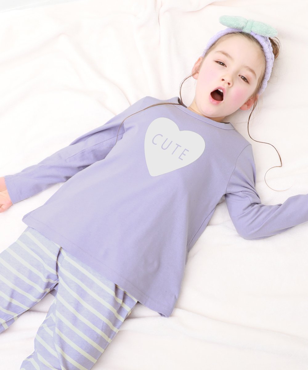 【デビロック/devirock / KIDS】の綿100% ガールズ くしゅっと裾リボン 長袖パジャマ パジャマ ルームウェア 25AW インテリア・キッズ・メンズ・レディースファッション・服の通販 founy(ファニー) 　ファッション　Fashion　キッズファッション　Fashion for Kids　長袖　Long Sleeve, Full Sleeve　パジャマ　Pajamas, Sleepwear　リボン　Ribbon, Bow　おすすめ　Recommended / Our Picks　2025年　2025　2025-2026秋冬・A/W　Autumn/Winter 2025–26 AW25–26　002-ハート-Sバイオレット|ID: prp329100004962469 ipo3291000000037229159