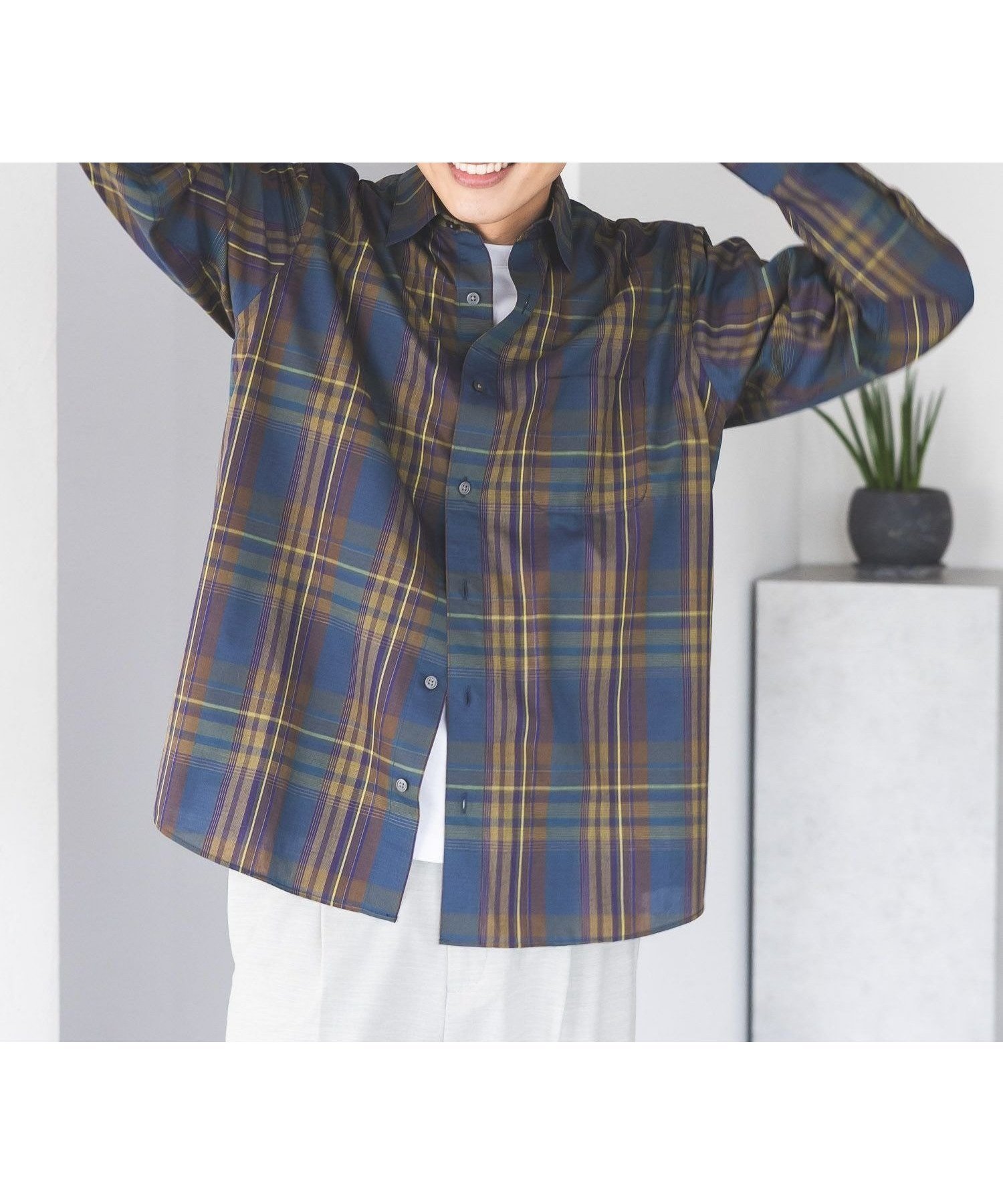 【グローバルワーク/GLOBAL WORK / MEN】のイージーケアリネンMIXシャツ/長袖/636461 インテリア・キッズ・メンズ・レディースファッション・服の通販 founy(ファニー) 　ファッション　Fashion　メンズファッション　Fashion for Men　おすすめ　Recommended / Our Picks　チェック　Check, Plaid, Tartan　デニム　Denim, Jeans Material　トレンド　Trend, Trending Now　リネン　Linen, Linen Fabric　夏　Summer　長袖　Long Sleeve, Full Sleeve　グリーンイエローチェック76|ID: prp329100004962584 ipo3291000000037229701