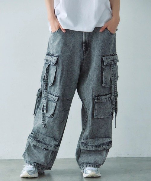 【ジャックローズ/JACKROSE / MEN】のGA DENIM PARACHUTE CARGO PANTS(MENS) インテリア・キッズ・メンズ・レディースファッション・服の通販 founy(ファニー) 　ファッション　Fashion　メンズファッション　Fashion for Men　ボトムス　Bottoms　シャーリング　Shirring, Ruched　シンプル　Simple, Minimal　スタイリッシュ　Stylish, Fashionable　チェック　Check, Plaid, Tartan　フィット　Fit, Slim Fit　ポケット　Pocket, Pocket Detail　再入荷　Restock / Back in Stock　ライトグレー|ID: prp329100004962812 ipo3291000000037230773
