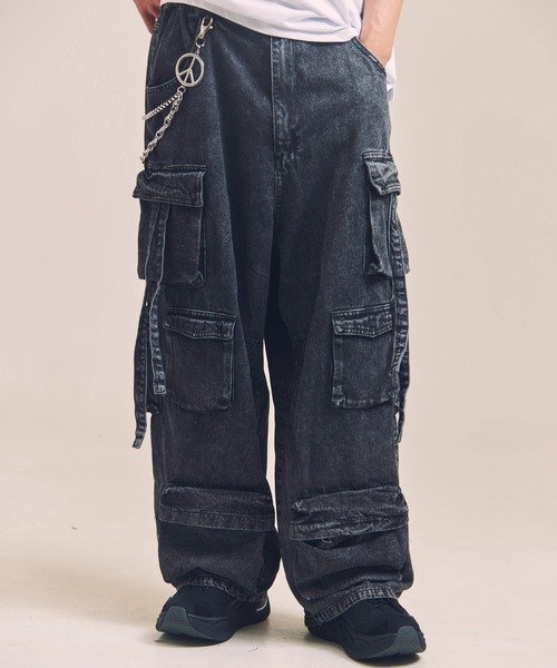 【ジャックローズ/JACKROSE / MEN】のGA DENIM PARACHUTE CARGO PANTS(MENS) インテリア・キッズ・メンズ・レディースファッション・服の通販 founy(ファニー) 　ファッション　Fashion　メンズファッション　Fashion for Men　ボトムス　Bottoms　シャーリング　Shirring, Ruched　シンプル　Simple, Minimal　スタイリッシュ　Stylish, Fashionable　チェック　Check, Plaid, Tartan　フィット　Fit, Slim Fit　ポケット　Pocket, Pocket Detail　再入荷　Restock / Back in Stock　ブラックデニム|ID: prp329100004962812 ipo3291000000037230775