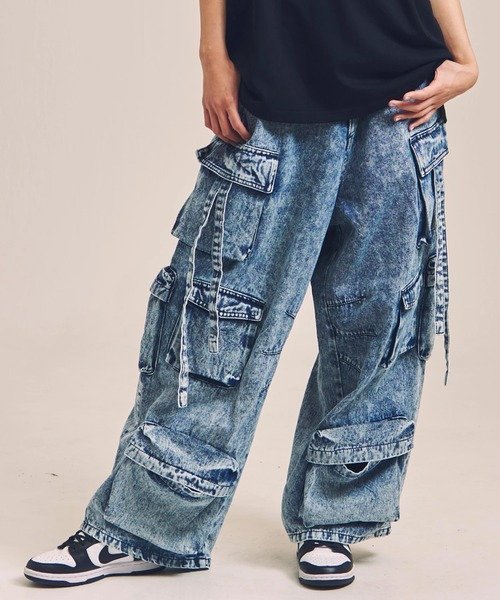 【ジャックローズ/JACKROSE / MEN】のGA DENIM PARACHUTE CARGO PANTS(MENS) インテリア・キッズ・メンズ・レディースファッション・服の通販 founy(ファニー) 　ファッション　Fashion　メンズファッション　Fashion for Men　ボトムス　Bottoms　シャーリング　Shirring, Ruched　シンプル　Simple, Minimal　スタイリッシュ　Stylish, Fashionable　チェック　Check, Plaid, Tartan　フィット　Fit, Slim Fit　ポケット　Pocket, Pocket Detail　再入荷　Restock / Back in Stock　ストーンウォッシュ|ID: prp329100004962812 ipo3291000000037230777