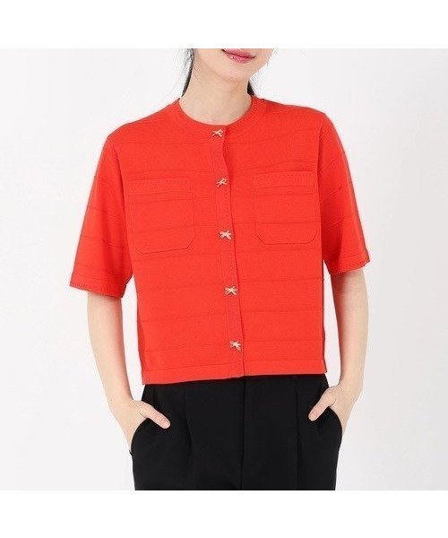 【ストロベリーフィールズ/STRAWBERRY FIELDS】のリボン釦5分丈カーディガン インテリア・キッズ・メンズ・レディースファッション・服の通販 founy(ファニー) 　ファッション　Fashion　レディースファッション　Fashion for Women　トップス・カットソー　Cut & Sew Tops　カーディガン・羽織り　Layered Style Cardigans　カーディガン　Cardigan, Knitwear　リボン　Ribbon, Bow　オレンジ|ID: prp329100004962922 ipo3291000000037231336