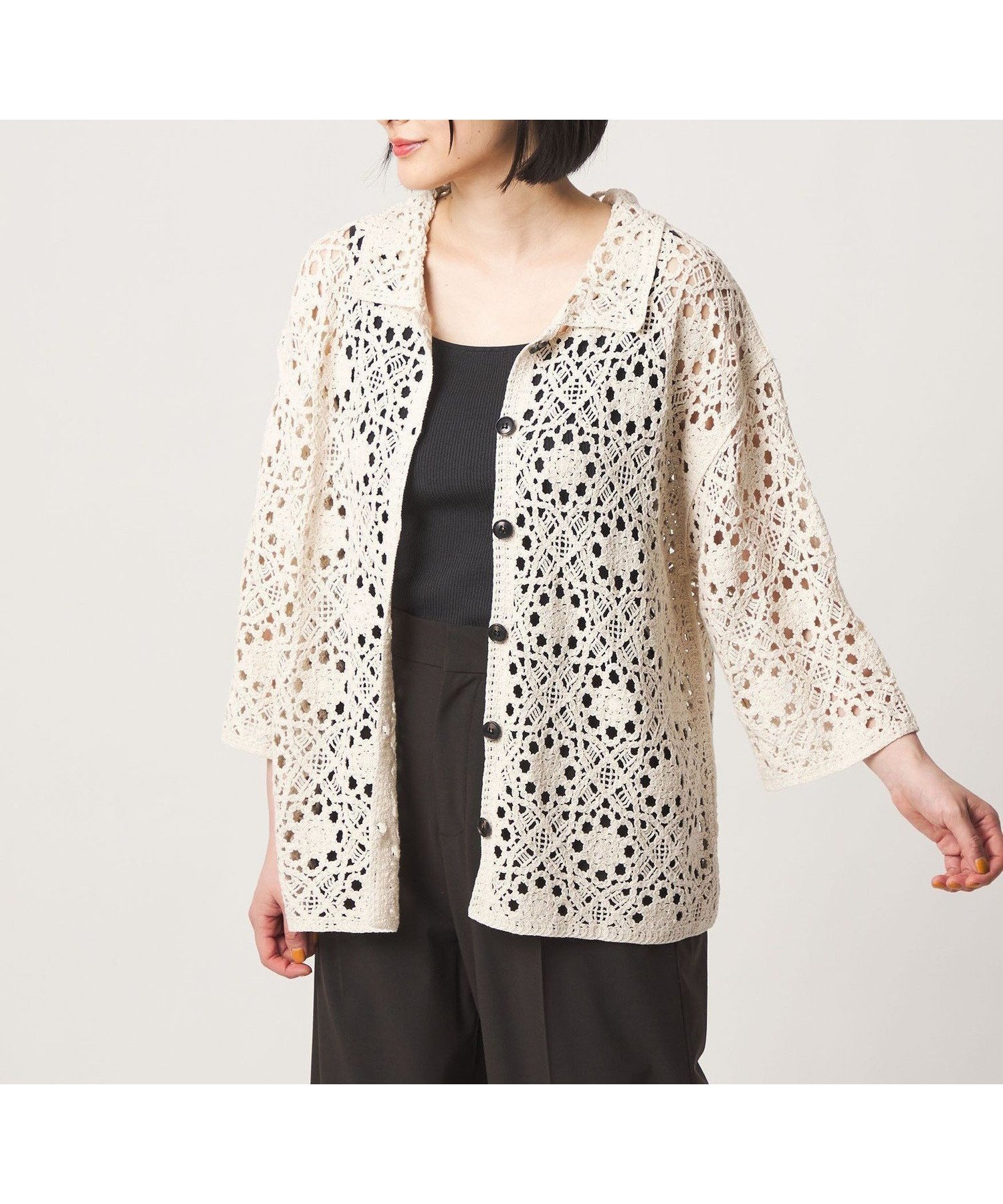 【ユナイテッドアローズ/UNITED ARROWS】のクロシェニット ポロカーディガン 7分袖 A DAY IN THE LIFE インテリア・キッズ・メンズ・レディースファッション・服の通販 founy(ファニー) 　ファッション　Fashion　レディースファッション　Fashion for Women　トップス・カットソー　Cut & Sew Tops　ニット　Knit Tops & Sweaters　カーディガン・羽織り　Layered Style Cardigans　春　Spring　カーディガン　Cardigan, Knitwear　キャミ　Camisole, Cami Top　クロシェ　Crochet, Knitted Lace　シンプル　Simple, Minimal　デニム　Denim, Jeans Material　トレンド　Trend, Trending Now　バランス　Balance, Style Balance　フラワー　Flower, Floral　モチーフ　Motif, Design Theme　S/S・春夏　SS, Spring/Summer, Warm Season　アウトレット　Outlet / Clearance　おすすめ　Recommended / Our Picks　夏　Summer　OFF WHITE|ID: prp329100004962936 ipo3291000000037231414