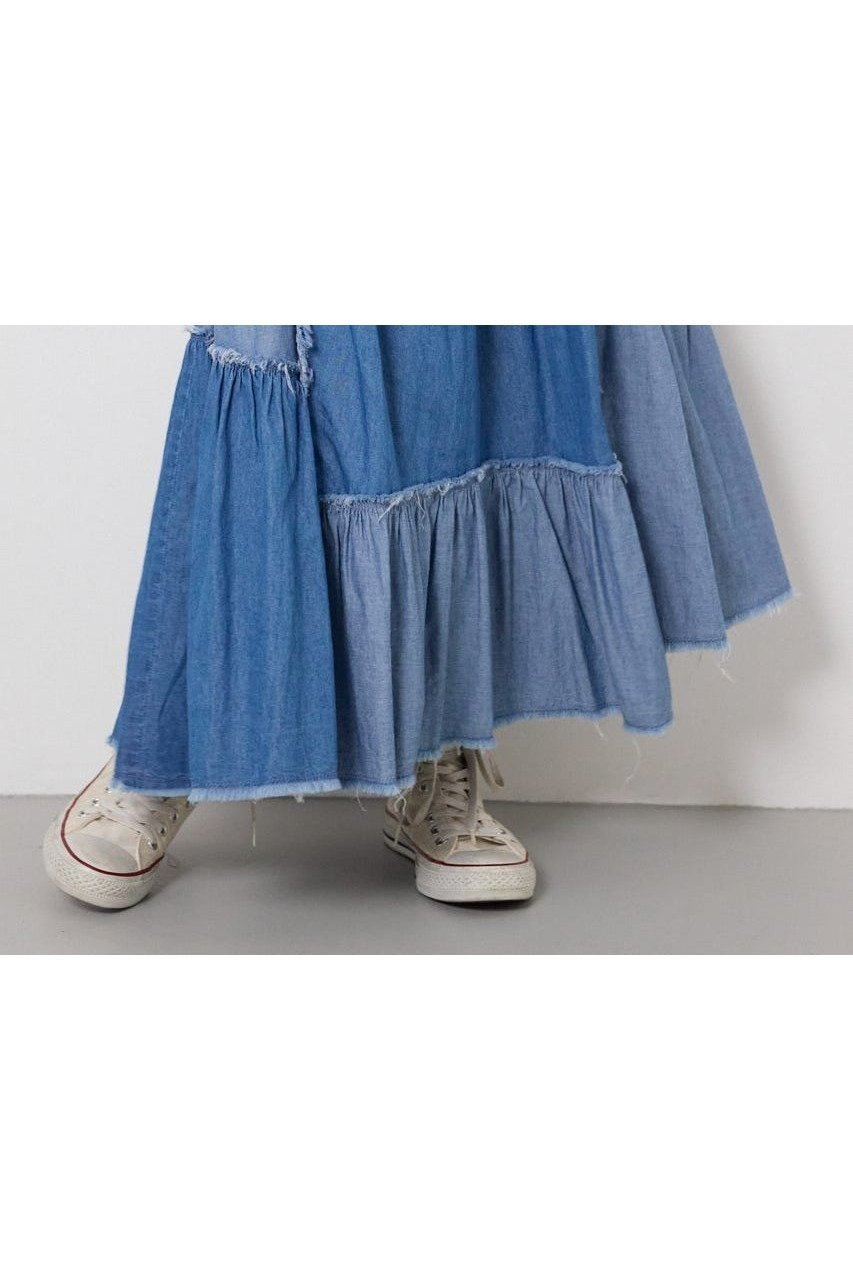 【ロデオクラウンズワイドボウル/RODEO CROWNS WIDE BOWL】のデニムパッチワークティアードスカート インテリア・キッズ・メンズ・レディースファッション・服の通販 founy(ファニー) 　ファッション　Fashion　レディースファッション　Fashion for Women　スカート　Skirts　ティアードスカート　Tiered Skirts　アシンメトリー　Asymmetrical Style　ガーリー　Girly, Feminine Style　グラフィック　Graphic, Graphic Design　サマー　Summer, Summer Style　シンプル　Simple, Minimal　デニム　Denim, Jeans Material　パッチワーク　Patchwork, Mixed Fabric　ブリーチ　Bleach, Washed Finish　切替　Switching, Contrast Panel　夏　Summer　BLU|ID: prp329100004962945 ipo3291000000037231468