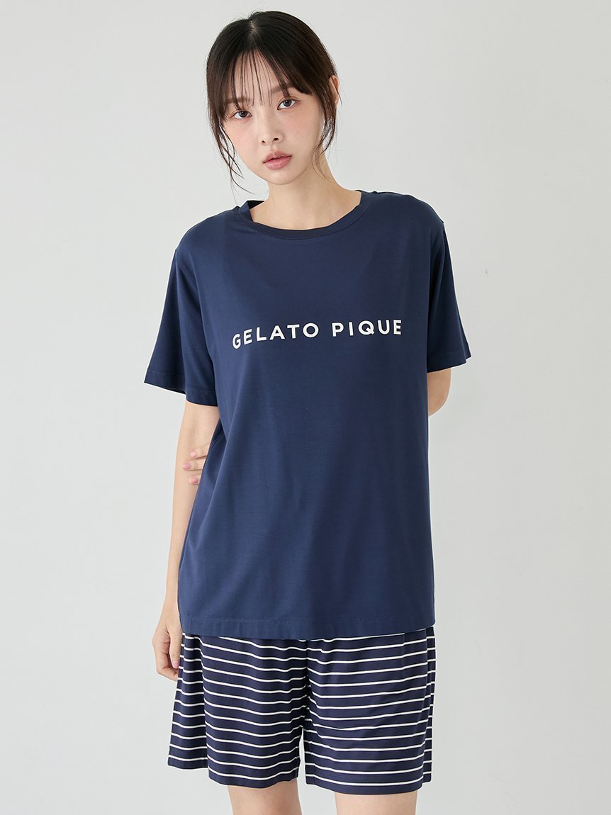 【ジェラート ピケ/gelato pique】のレーヨンロゴTシャツ ボーダーハーフパンツセット インテリア・キッズ・メンズ・レディースファッション・服の通販 founy(ファニー) 　ファッション　Fashion　レディースファッション　Fashion for Women　パンツ　Pants & Trousers　ショートパンツ・ハーフパンツ　High-Waisted & Relaxed Shorts　春　Spring　カットソー　Cut and Sewn Top　ショート　Short, Short Length　シンプル　Simple, Minimal　スタイリッシュ　Stylish, Fashionable　スマート　Smart, Elegant　セットアップ　Set-Up, Coordinated Outfit　トレンド　Trend, Trending Now　定番　Standard, Basic Item　ハーフ　Half, Half-Length　プリント　Print, Printed Pattern　ボトム　Bottoms, Lower Wear　ボーダー　Border, Stripe　ポケット　Pocket, Pocket Detail　ワンポイント　One Point, Statement Accent　おすすめ　Recommended / Our Picks　ギフト プレゼント　Gift / Present　NVY[089]|ID: prp329100004962963 ipo3291000000037231536
