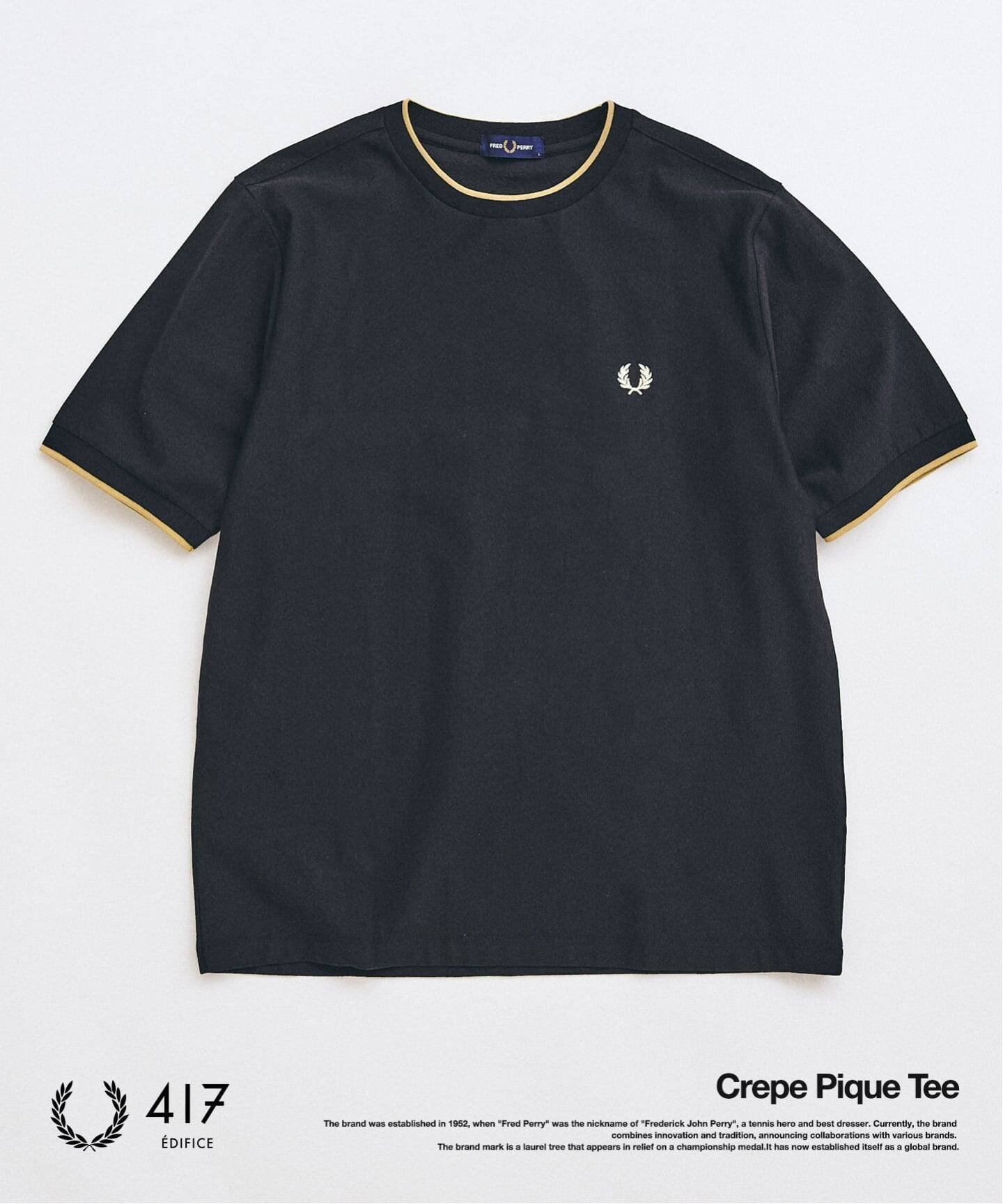 【フォーワンセブン エディフィス/417 EDIFICE】のFRED PERRY / フレッドペリー417別注 Crepe Pique Tシャツ インテリア・キッズ・メンズ・レディースファッション・服の通販 founy(ファニー) 　ファッション　Fashion　レディースファッション　Fashion for Women　トップス・カットソー　Cut & Sew Tops　シャツ・ブラウス・オフィスカジュアル　Elegant Blouses & Button-Ups　ロングTシャツ・Tシャツ　Longline T-Shirts & Tees　ベスト　Vest, Waistcoat　別注　Limited Edition, Custom Order　ブラック|ID: prp329100004963032 ipo3291000000037231837