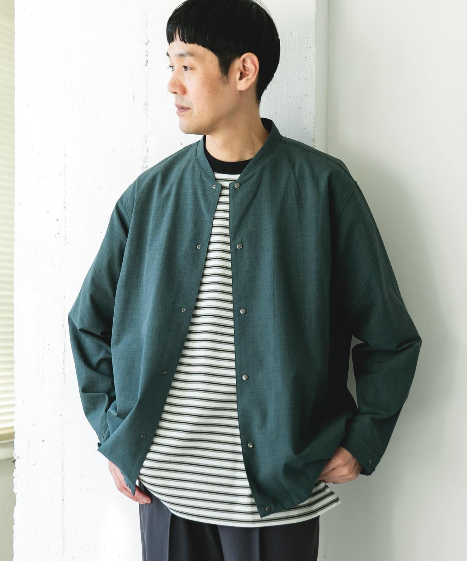 【アーバンリサーチ ドアーズ/URBAN RESEARCH DOORS / MEN】の『イージーケア/速乾/UVカット』クイックドライ ノーカラーライトブルゾン インテリア・キッズ・メンズ・レディースファッション・服の通販 founy(ファニー) 　ファッション　Fashion　メンズファッション　Fashion for Men　春　Spring　セットアップ　Set-Up, Coordinated Outfit　トラベル　Travel, Travel Gear　ドット　Polka Dot, Dot Pattern　ドローコード　Drawcord, Drawstring Cord　ブルゾン　Blouson, Bomber Jacket　リネン　Linen, Linen Fabric　S/S・春夏　SS, Spring/Summer, Warm Season　おすすめ　Recommended / Our Picks　夏　Summer　2026年　2026　2026春夏・S/S　Spring/Summer 2026 SS26　グリーン|ID: prp329100004963184 ipo3291000000037232542