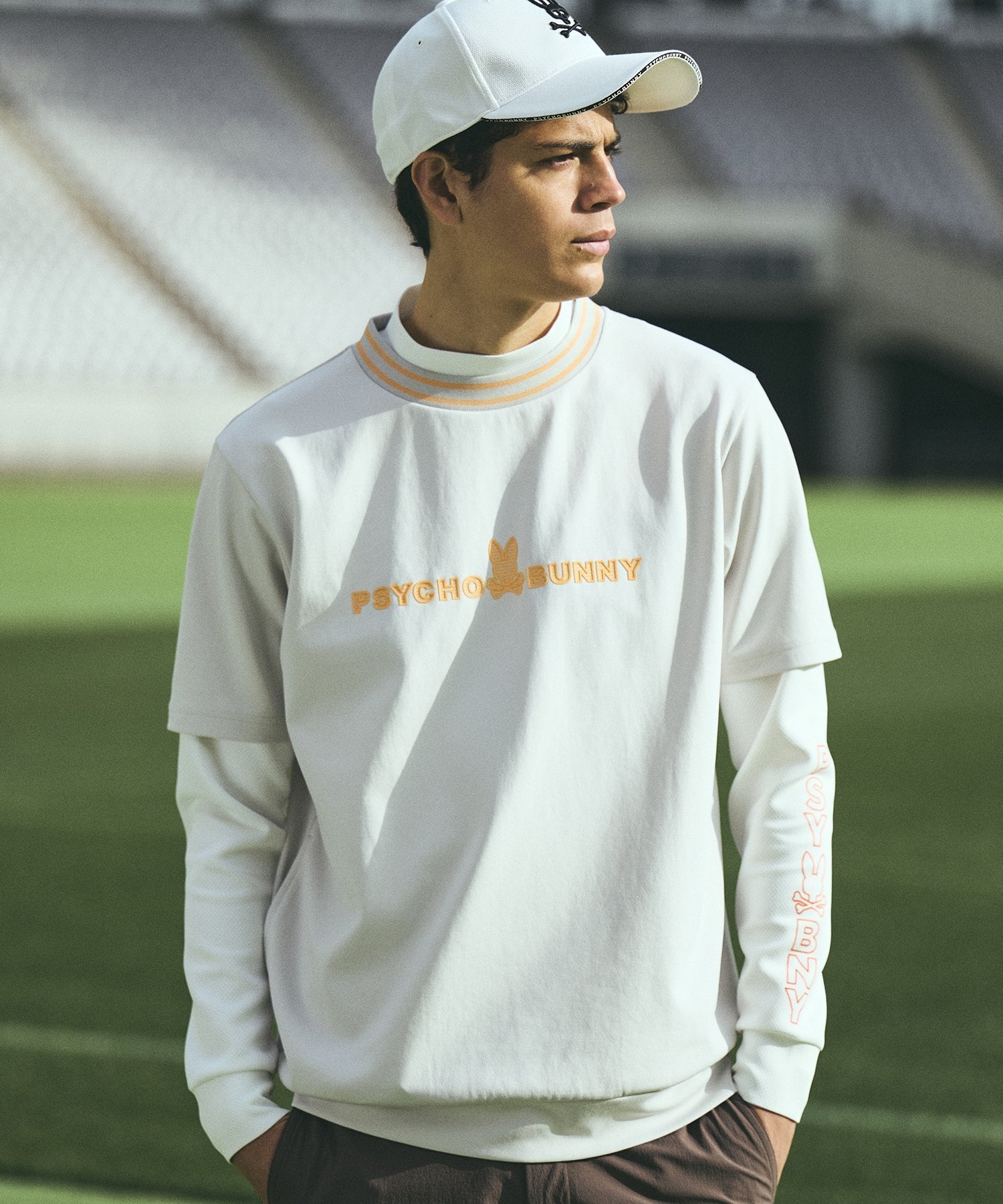 【サイコバニー/Psycho Bunny / MEN】のGOLF シルエットバニー ラバーストライプロゴ スウェットTシャツ 人気、トレンドファッション・服の通販 founy(ファニー) 　ファッション　Fashion　メンズファッション　Fashion for Men　スウェット / スエット　Sweatshirt, Sweatwear　ダブル　Double, Double-Breasted　長袖　Long Sleeve, Full Sleeve　フロント　Front, Front Design　プリント　Print, Printed Pattern　ボーダー　Border, Stripe　半袖　Short Sleeve, Half Sleeve　モックネック　Mock Neck, Short Turtleneck　ラバー　Rubber, Rubber Sole　ロング　Long, Long-Length　ゴルフ　Golf　 other-1|ID: prp329100004963218 ipo3291000000037232665