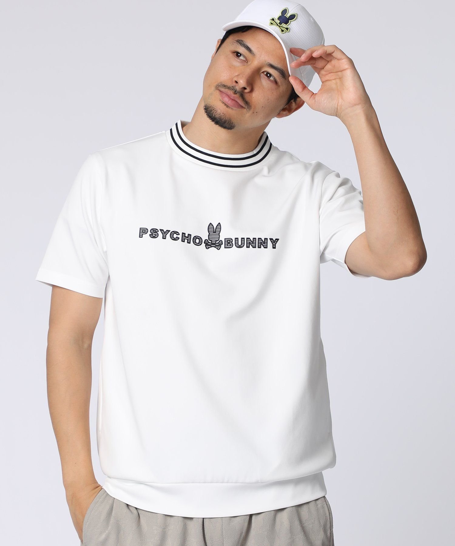 【サイコバニー/Psycho Bunny / MEN】のGOLF シルエットバニー ラバーストライプロゴ スウェットTシャツ インテリア・キッズ・メンズ・レディースファッション・服の通販 founy(ファニー) 　ファッション　Fashion　メンズファッション　Fashion for Men　スウェット / スエット　Sweatshirt, Sweatwear　ダブル　Double, Double-Breasted　長袖　Long Sleeve, Full Sleeve　フロント　Front, Front Design　プリント　Print, Printed Pattern　ボーダー　Border, Stripe　半袖　Short Sleeve, Half Sleeve　モックネック　Mock Neck, Short Turtleneck　ラバー　Rubber, Rubber Sole　ロング　Long, Long-Length　ゴルフ　Golf　ホワイト|ID: prp329100004963218 ipo3291000000037232667