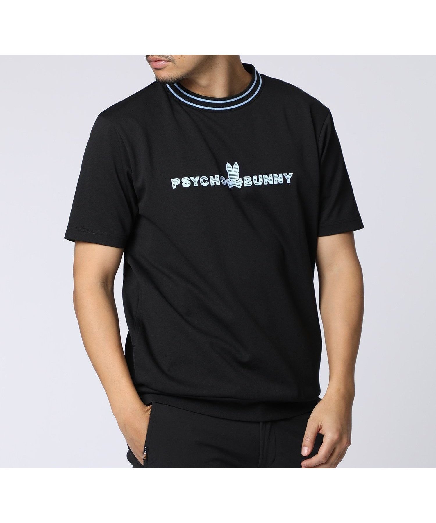 【サイコバニー/Psycho Bunny / MEN】のGOLF シルエットバニー ラバーストライプロゴ スウェットTシャツ インテリア・キッズ・メンズ・レディースファッション・服の通販 founy(ファニー) 　ファッション　Fashion　メンズファッション　Fashion for Men　スウェット / スエット　Sweatshirt, Sweatwear　ダブル　Double, Double-Breasted　長袖　Long Sleeve, Full Sleeve　フロント　Front, Front Design　プリント　Print, Printed Pattern　ボーダー　Border, Stripe　半袖　Short Sleeve, Half Sleeve　モックネック　Mock Neck, Short Turtleneck　ラバー　Rubber, Rubber Sole　ロング　Long, Long-Length　ゴルフ　Golf　ブラック|ID: prp329100004963218 ipo3291000000037232668