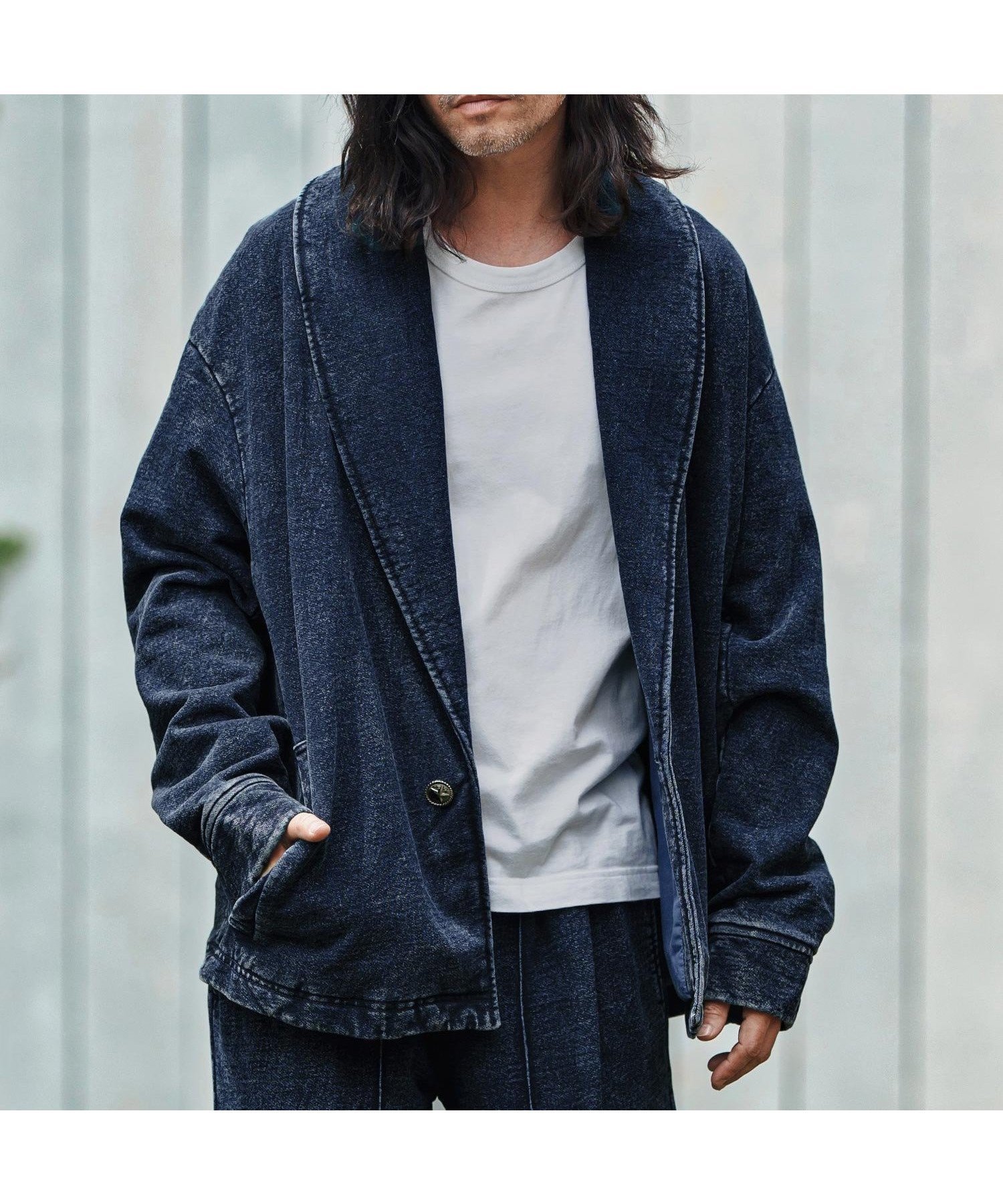 【カンビオ/CAMBIO / MEN】のmj10836- Heavy Weight Indigo Sweat One Button Shawl Collar Jacket インテリア・キッズ・メンズ・レディースファッション・服の通販 founy(ファニー) 　ファッション　Fashion　メンズファッション　Fashion for Men　アンティーク　Antique-Inspired　ショール　Shawl, Wrap　シルバー　Silver, Metallic Silver　シンプル　Simple, Minimal　BLUE|ID: prp329100004963239 ipo3291000000037232756