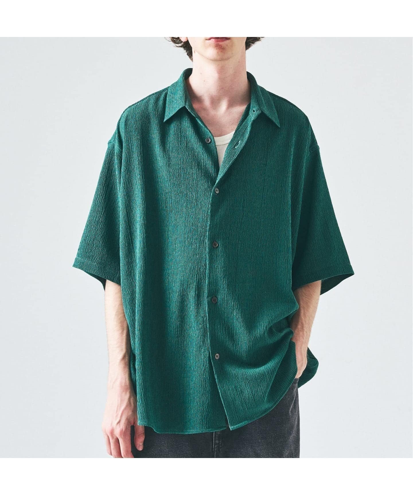 【フォーワンセブン バイ エディフィス/417 by EDIFICE / MEN】のクレープ レギュラーS/Sシャツ インテリア・キッズ・メンズ・レディースファッション・服の通販 founy(ファニー) 　ファッション　Fashion　メンズファッション　Fashion for Men　シンプル　Simple, Minimal　スラックス　Slacks, Dress Pants　デニム　Denim, Jeans Material　レギュラー　Regular, Standard Fit　夏　Summer　S/S・春夏　SS, Spring/Summer, Warm Season　グリーン|ID: prp329100004963250 ipo3291000000037232826