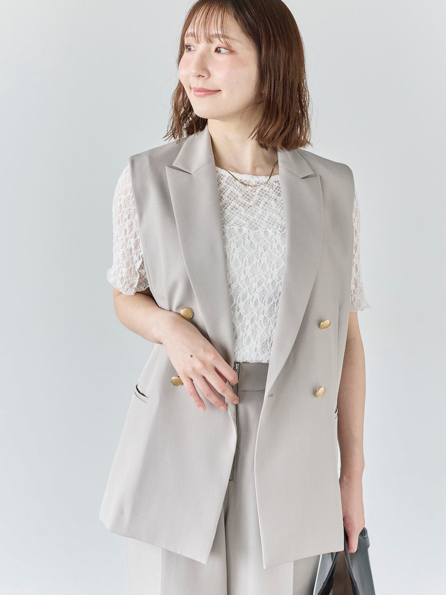 【テチチ/Te chichi】のリネンライクダブルブレストジレ(セットアップ可) インテリア・キッズ・メンズ・レディースファッション・服の通販 founy(ファニー) 　ファッション　Fashion　レディースファッション　Fashion for Women　アウター　Coat / Outerwear Collection　トップス・カットソー　Cut & Sew Tops　ベスト&ジレ / 重ね着スタイル　Vests & Gilets　おすすめ　Recommended / Our Picks　カットソー　Cut and Sewn Top　スタイリッシュ　Stylish, Fashionable　セットアップ　Set-Up, Coordinated Outfit　バランス　Balance, Style Balance　フロント　Front, Front Design　リネン　Linen, Linen Fabric　ワイド　Wide, Wide Fit　Sグレー|ID: prp329100004963258 ipo3291000000037232858