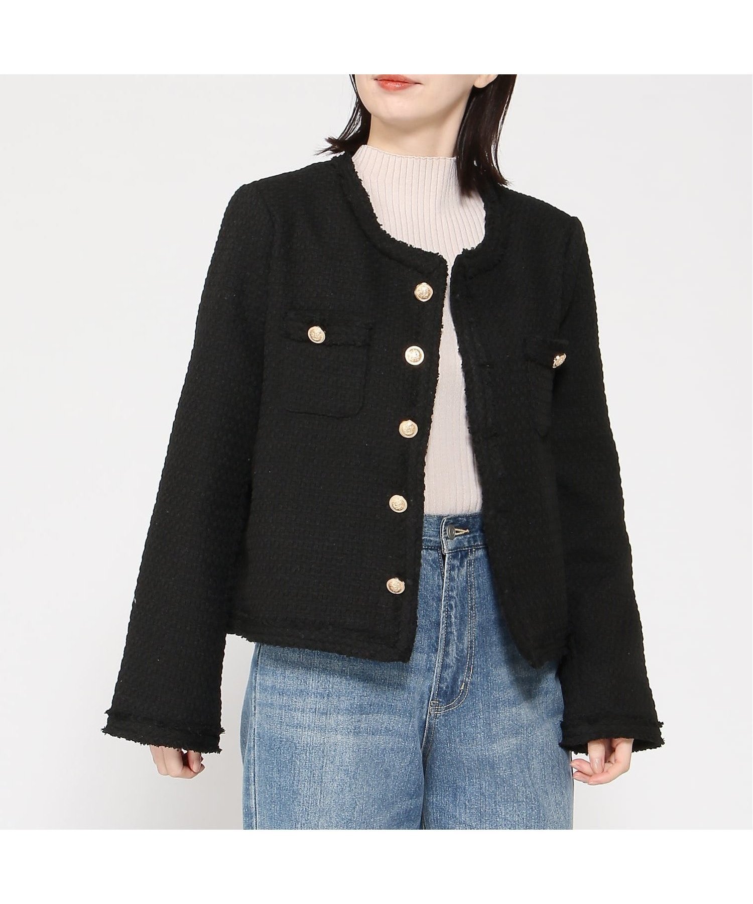 【スレンダー/SLENDER】のCoo+i/ノーカラーツイードジャケット インテリア・キッズ・メンズ・レディースファッション・服の通販 founy(ファニー) 　ファッション　Fashion　レディースファッション　Fashion for Women　アウター　Coat / Outerwear Collection　レディースジャケット・軽アウター　Jackets　ダウン　Down, Puffer　フリンジ　Fringe, Tassel　black|ID: prp329100004963259 ipo3291000000037232860