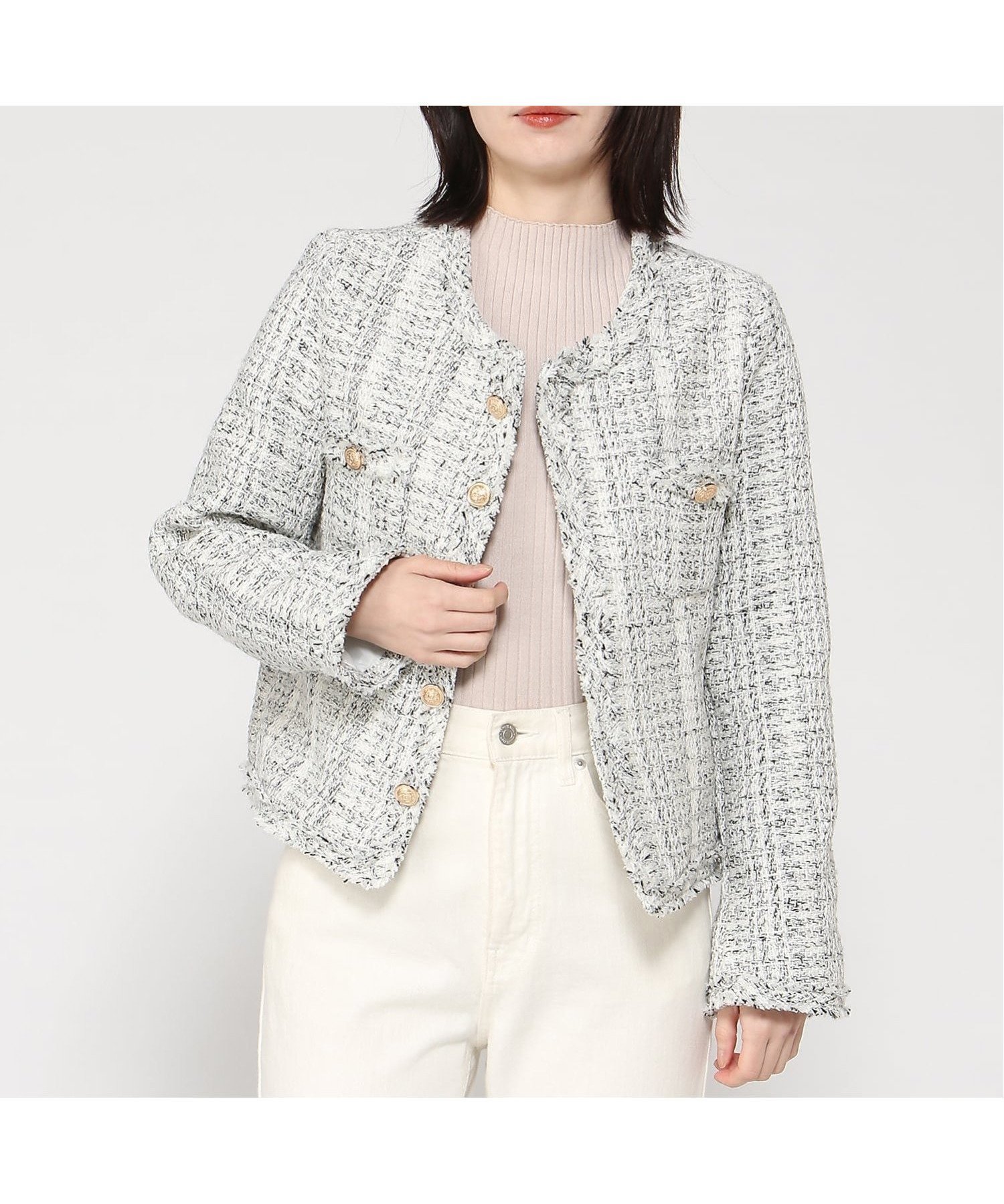 【スレンダー/SLENDER】のCoo+i/ノーカラーツイードジャケット インテリア・キッズ・メンズ・レディースファッション・服の通販 founy(ファニー) 　ファッション　Fashion　レディースファッション　Fashion for Women　アウター　Coat / Outerwear Collection　レディースジャケット・軽アウター　Jackets　ダウン　Down, Puffer　フリンジ　Fringe, Tassel　multi|ID: prp329100004963259 ipo3291000000037232861