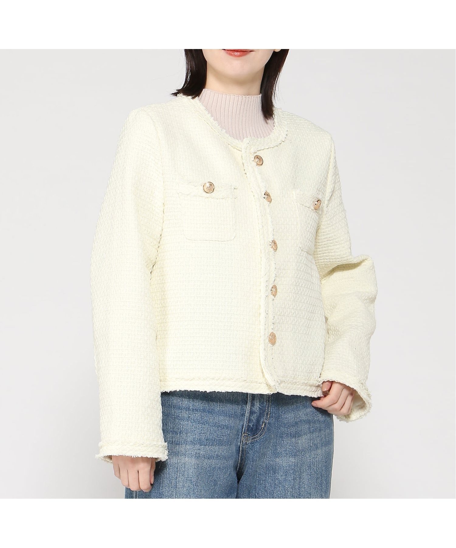 【スレンダー/SLENDER】のCoo+i/ノーカラーツイードジャケット インテリア・キッズ・メンズ・レディースファッション・服の通販 founy(ファニー) 　ファッション　Fashion　レディースファッション　Fashion for Women　アウター　Coat / Outerwear Collection　レディースジャケット・軽アウター　Jackets　ダウン　Down, Puffer　フリンジ　Fringe, Tassel　white|ID: prp329100004963259 ipo3291000000037232862