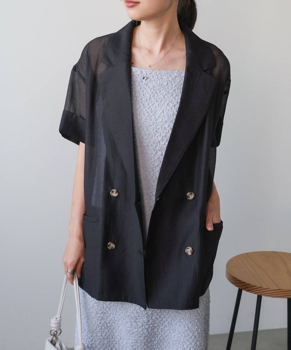 【バブ ブージュルード/Bab Bou Jeloud】のシアー半袖テーラードジャケット インテリア・キッズ・メンズ・レディースファッション・服の通販 founy(ファウニー) 　ファッション　Fashion　レディースファッション　Fashion for Women　アウター　Coat / Outerwear Collection　レディースジャケット・軽アウター　Jackets　テーラードジャケット / 通勤・きれいめスタイル　Tailored Jackets & Blazers　キャミソール　Camisole, Spaghetti Strap Top　シアー　Sheer, See-Through　シンプル　Simple, Minimal　スマート　Smart, Elegant　タンク　Tank Top, Sleeveless Top　ダウン　Down, Puffer　チェック　Check, Plaid, Tartan　デニム　Denim, Jeans Material　半袖　Short Sleeve, Half Sleeve　再入荷　Restock / Back in Stock　おすすめ　Recommended / Our Picks　夏　Summer　BLACK|ID: prp329100004964009 ipo3291000000037248320