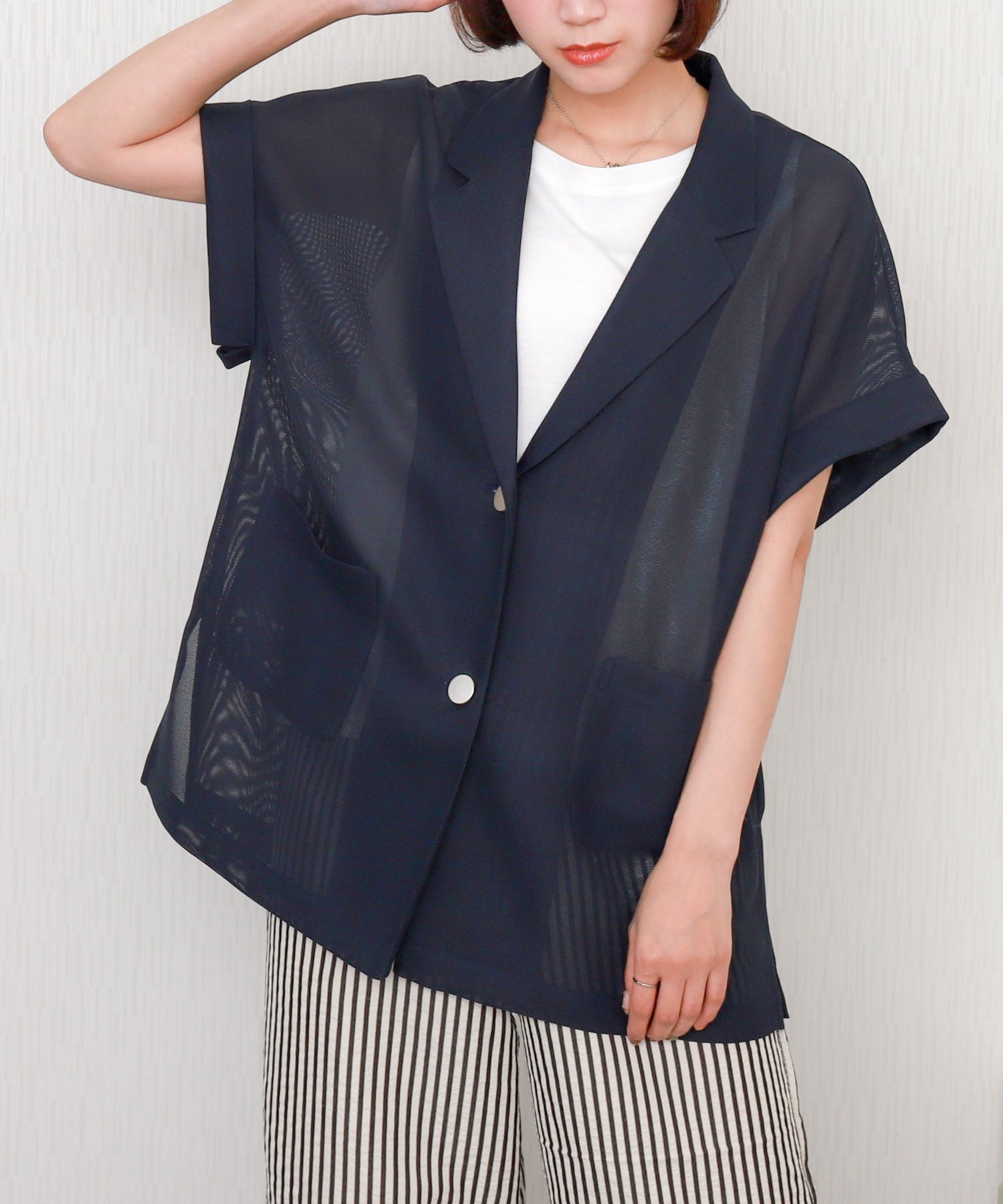 【リベルモア/libelle more】のシアーメッシュテーラードジャケット 半袖 ミドル丈 インテリア・キッズ・メンズ・レディースファッション・服の通販 founy(ファウニー) 　ファッション　Fashion　レディースファッション　Fashion for Women　アウター　Coat / Outerwear Collection　レディースジャケット・軽アウター　Jackets　テーラードジャケット / 通勤・きれいめスタイル　Tailored Jackets & Blazers　インナー　Innerwear　ショルダー　Shoulder, Shoulder Strap　シンプル　Simple, Minimal　ジャケット　Jacket, Outerwear　スリット　Slit, Slit Detail　ダウン　Down, Puffer　デニム　Denim, Jeans Material　トレンド　Trend, Trending Now　ドロップ　Drop Shoulder, Dropped Style　ポケット　Pocket, Pocket Detail　半袖　Short Sleeve, Half Sleeve　ミドル　Middle Length, Mid Height　リラックス　Relax, Relaxed Fit　再入荷　Restock / Back in Stock　夏　Summer　旅行　Travel　ビジネス 仕事 通勤　Business / Work / Commuting　ネイビー|ID: prp329100004964010 ipo3291000000037248342
