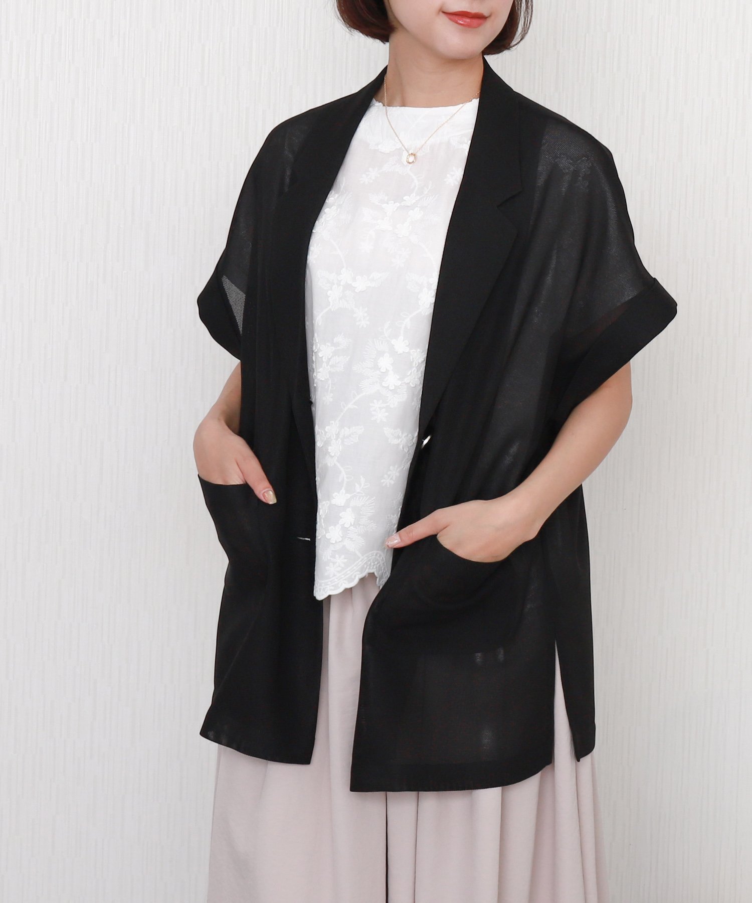 【リベルモア/libelle more】のシアーメッシュテーラードジャケット 半袖 ミドル丈 インテリア・キッズ・メンズ・レディースファッション・服の通販 founy(ファウニー) 　ファッション　Fashion　レディースファッション　Fashion for Women　アウター　Coat / Outerwear Collection　レディースジャケット・軽アウター　Jackets　テーラードジャケット / 通勤・きれいめスタイル　Tailored Jackets & Blazers　インナー　Innerwear　ショルダー　Shoulder, Shoulder Strap　シンプル　Simple, Minimal　ジャケット　Jacket, Outerwear　スリット　Slit, Slit Detail　ダウン　Down, Puffer　デニム　Denim, Jeans Material　トレンド　Trend, Trending Now　ドロップ　Drop Shoulder, Dropped Style　ポケット　Pocket, Pocket Detail　半袖　Short Sleeve, Half Sleeve　ミドル　Middle Length, Mid Height　リラックス　Relax, Relaxed Fit　再入荷　Restock / Back in Stock　夏　Summer　旅行　Travel　ビジネス 仕事 通勤　Business / Work / Commuting　クロ|ID: prp329100004964010 ipo3291000000037248343