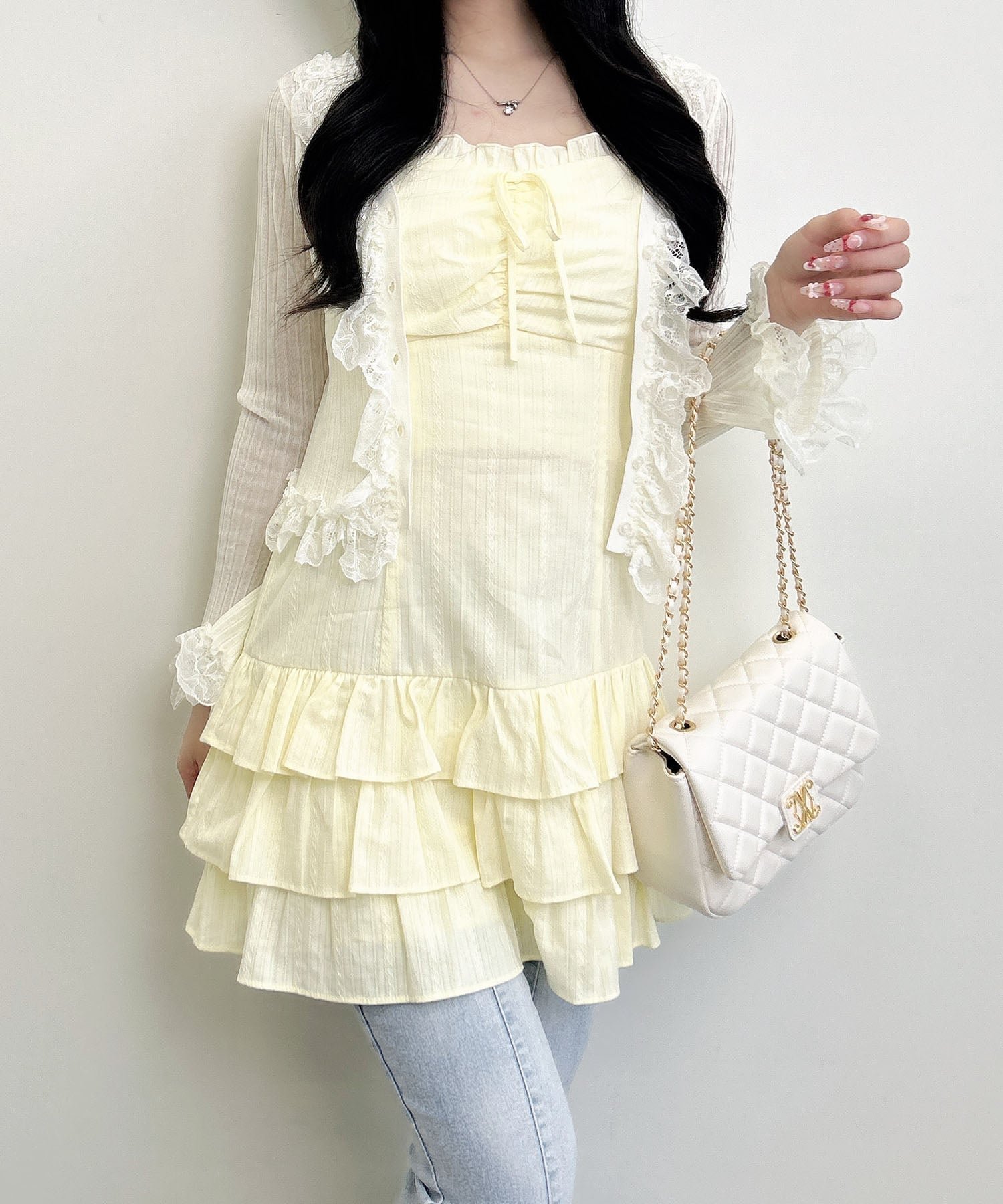 【イング/INGNI】の綿レースフリルミニキャミワンピ インテリア・キッズ・メンズ・レディースファッション・服の通販 founy(ファウニー) 　ファッション　Fashion　レディースファッション　Fashion for Women　ワンピース　Dresses　キャミソールワンピース　Camisole Dresses　イエロー　Yellow　カーディガン　Cardigan, Knitwear　ガーリー　Girly, Feminine Style　キャミワンピース　Cami Dress, Slip Dress　ギャザー　Gathered, Ruffled　デニム　Denim, Jeans Material　フェミニン　Feminine, Girly　フリル　Frill, Ruffle　フレア　Flare, Flared　おすすめ　Recommended / Our Picks　エレガント 上品　Elegant　イエロー|ID: prp329100004971102 ipo3291000000037279059