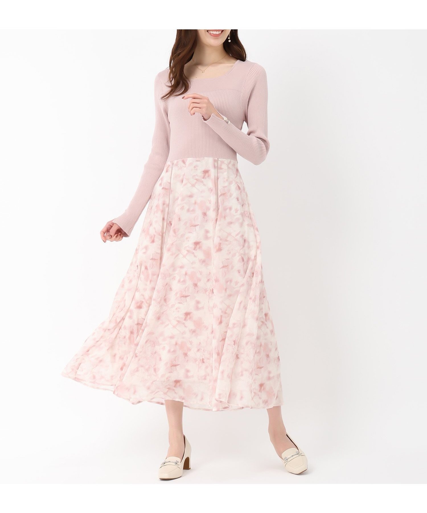 【ミッシュマッシュ/MISCH MASCH】のカラーフラワードッキングワンピース/MM517401 大人の最旬トレンドファッション＆コーディネート founy(ファウニー) 　ファッション　Fashion　レディースファッション　Fashion for Women　ワンピース　Dresses　エレガント 上品　Elegant　スクエア　Square, Square Shape　デコルテ　Décolleté, Neckline　ドッキング　Docking, Mixed Material　フラワー　Flower, Floral　フレア　Flare, Flared　リブニット　Rib Knit, Ribbed Knit　ビジネス 仕事 通勤　Business / Work / Commuting　 other-1|ID: prp329100004971199 ipo3291000000037279720