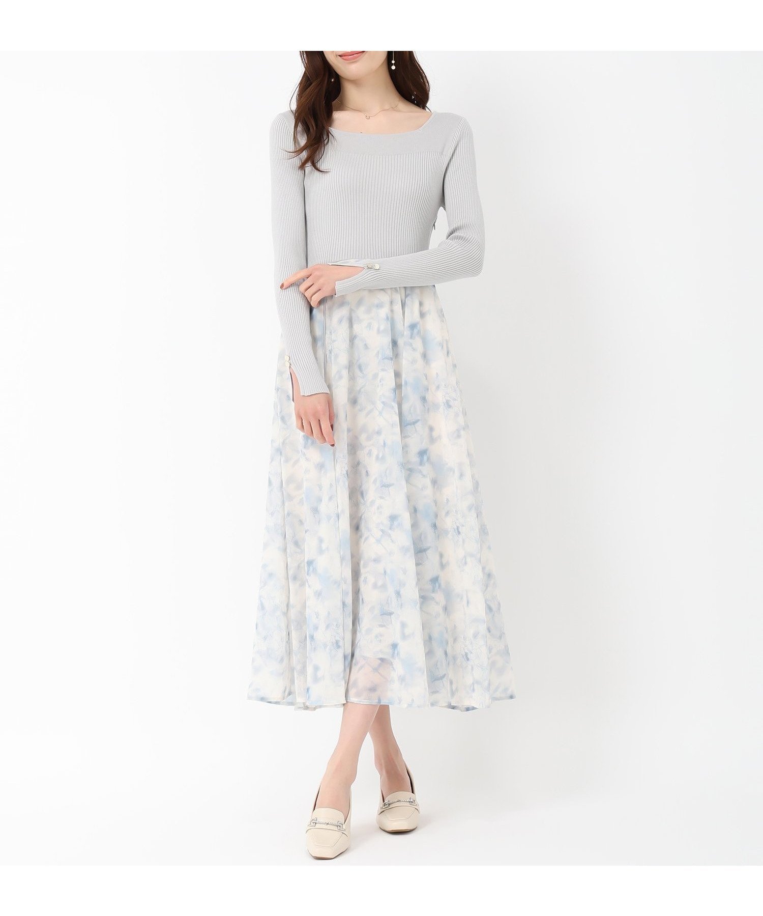 【ミッシュマッシュ/MISCH MASCH】のカラーフラワードッキングワンピース/MM517401 インテリア・キッズ・メンズ・レディースファッション・服の通販 founy(ファウニー) 　ファッション　Fashion　レディースファッション　Fashion for Women　ワンピース　Dresses　エレガント 上品　Elegant　スクエア　Square, Square Shape　デコルテ　Décolleté, Neckline　ドッキング　Docking, Mixed Material　フラワー　Flower, Floral　フレア　Flare, Flared　リブニット　Rib Knit, Ribbed Knit　ビジネス 仕事 通勤　Business / Work / Commuting　ブルー|ID: prp329100004971199 ipo3291000000037279727