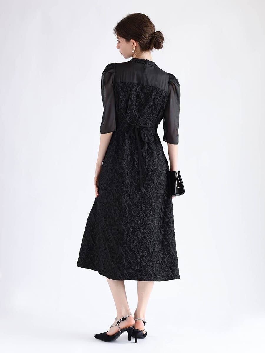 【ヴァン/Vin】のふくれジャガードバックリボンドレス インテリア・キッズ・メンズ・レディースファッション・服の通販 founy(ファウニー) 　ファッション　Fashion　レディースファッション　Fashion for Women　ワンピース　Dresses　フォーマル・パーティードレス・結婚式用ドレス　Elegant & Casual Dresses　シアー　Sheer, See-Through　デコルテ　Décolleté, Neckline　ドレス　Dress, One-Piece　フレア　Flare, Flared　リボン　Ribbon, Bow　エレガント 上品　Elegant　ブラック|ID: prp329100004971615 ipo3291000000037281944
