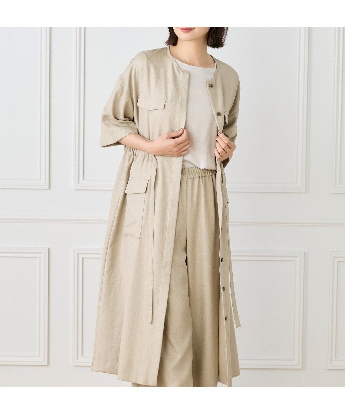 【セブンアイディコンセプト/7-IDconcept】の麻調ロングジレワンピース インテリア・キッズ・メンズ・レディースファッション・服の通販 founy(ファウニー) 　ファッション　Fashion　レディースファッション　Fashion for Women　アウター　Coat / Outerwear Collection　スマート　Smart, Elegant　スリーブ　Sleeve, Long Sleeve / Short Sleeve　ツイル　Twist, Twisted Detail　トレンド　Trend, Trending Now　パッチ　Patch, Appliqué　フロント　Front, Front Design　ポケット　Pocket, Pocket Detail　ロング　Long, Long-Length　ワイド　Wide, Wide Fit　エレガント 上品　Elegant　ベージュ|ID: prp329100004972024 ipo3291000000037283611