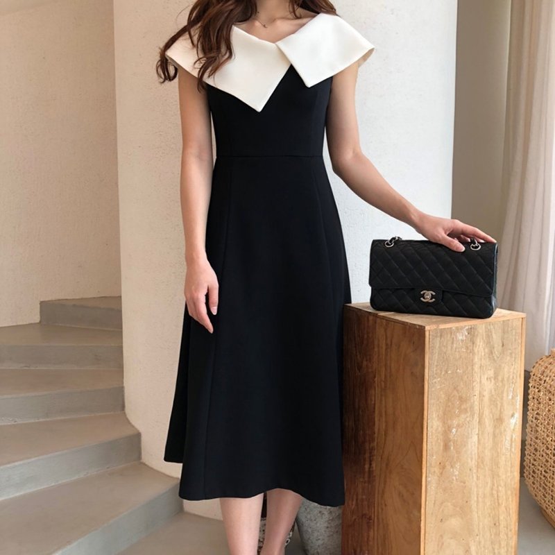 【ココモモ/COCOMOMO】のノースリーブワンピース ビッグカラー 韓国ファッション きれいめ レディース インテリア・キッズ・メンズ・レディースファッション・服の通販 founy(ファウニー) 　ファッション　Fashion　レディースファッション　Fashion for Women　ワンピース　Dresses　春　Spring　ノースリーブ　Sleeveless, No-Sleeve　ビッグ　Big, Oversized　無地　Plain, Solid Color　楽ちん　Easy Fit, Comfortable　S/S・春夏　SS, Spring/Summer, Warm Season　プチプライス・低価格　Affordable / Budget Price　おすすめ　Recommended / Our Picks　夏　Summer　エレガント 上品　Elegant　セレモニー　Ceremony　結婚式　Wedding　ホワイト・ブラック|ID: prp329100004973013 ipo3291000000037288176