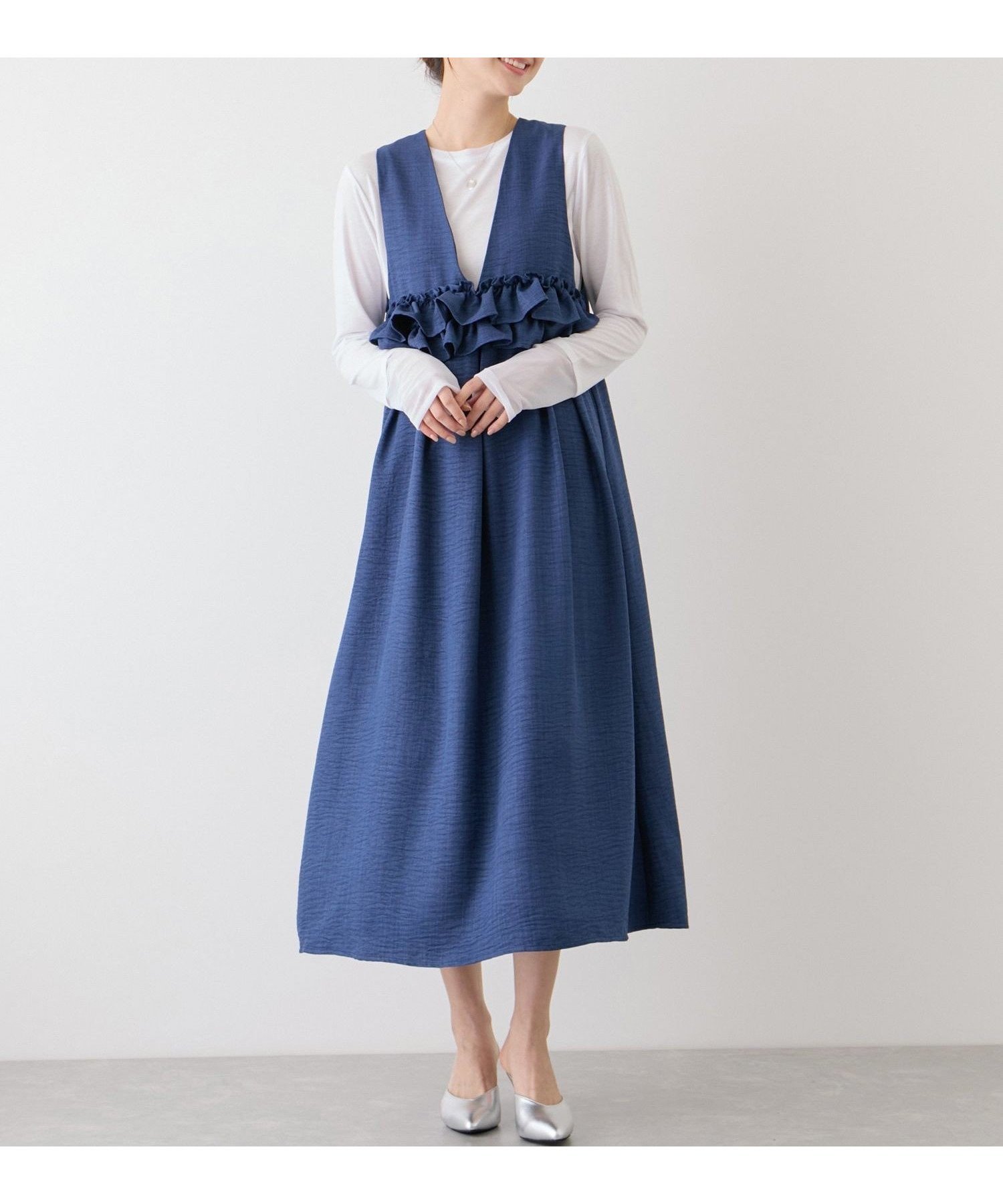 【ジャイロ/JAYRO】のウェストフリルデニムライクジャンスカ インテリア・キッズ・メンズ・レディースファッション・服の通販 founy(ファウニー) 　ファッション　Fashion　レディースファッション　Fashion for Women　アクセサリー　Fashion Accessories　インナー　Innerwear　カーディガン　Cardigan, Knitwear　サンダル　Sandals, Summer Shoes　シューズ　Shoes, Footwear　ジャケット　Jacket, Outerwear　デニム　Denim, Jeans Material　ノースリーブ　Sleeveless, No-Sleeve　バランス　Balance, Style Balance　フォルム　Silhouette, Form　フラット　Flat, Flat Shoes　フリル　Frill, Ruffle　フロント　Front, Front Design　ポケット　Pocket, Pocket Detail　リブニット　Rib Knit, Ribbed Knit　冬　Winter / This Winter　A/W・秋冬　Autumn/Winter　おすすめ　Recommended / Our Picks　エレガント 上品　Elegant　ビジネス 仕事 通勤　Business / Work / Commuting　ネイビー(40)|ID: prp329100004973152 ipo3291000000037288834