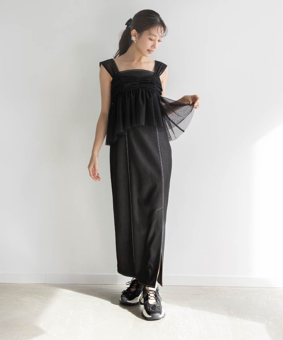 【ランダ/RANDA】のチュールブラウスセットワンピース インテリア・キッズ・メンズ・レディースファッション・服の通販 founy(ファウニー) 　ファッション　Fashion　レディースファッション　Fashion for Women　ワンピース　Dresses　キャミワンピース　Cami Dress, Slip Dress　シンプル　Simple, Minimal　ストレート　Straight, Straight Cut　チュール　Tulip, Tulip Motif　バランス　Balance, Style Balance　フィット　Fit, Slim Fit　ペプラム　Peplum, Flared Hem　BLACK|ID: prp329100004973162 ipo3291000000037288944