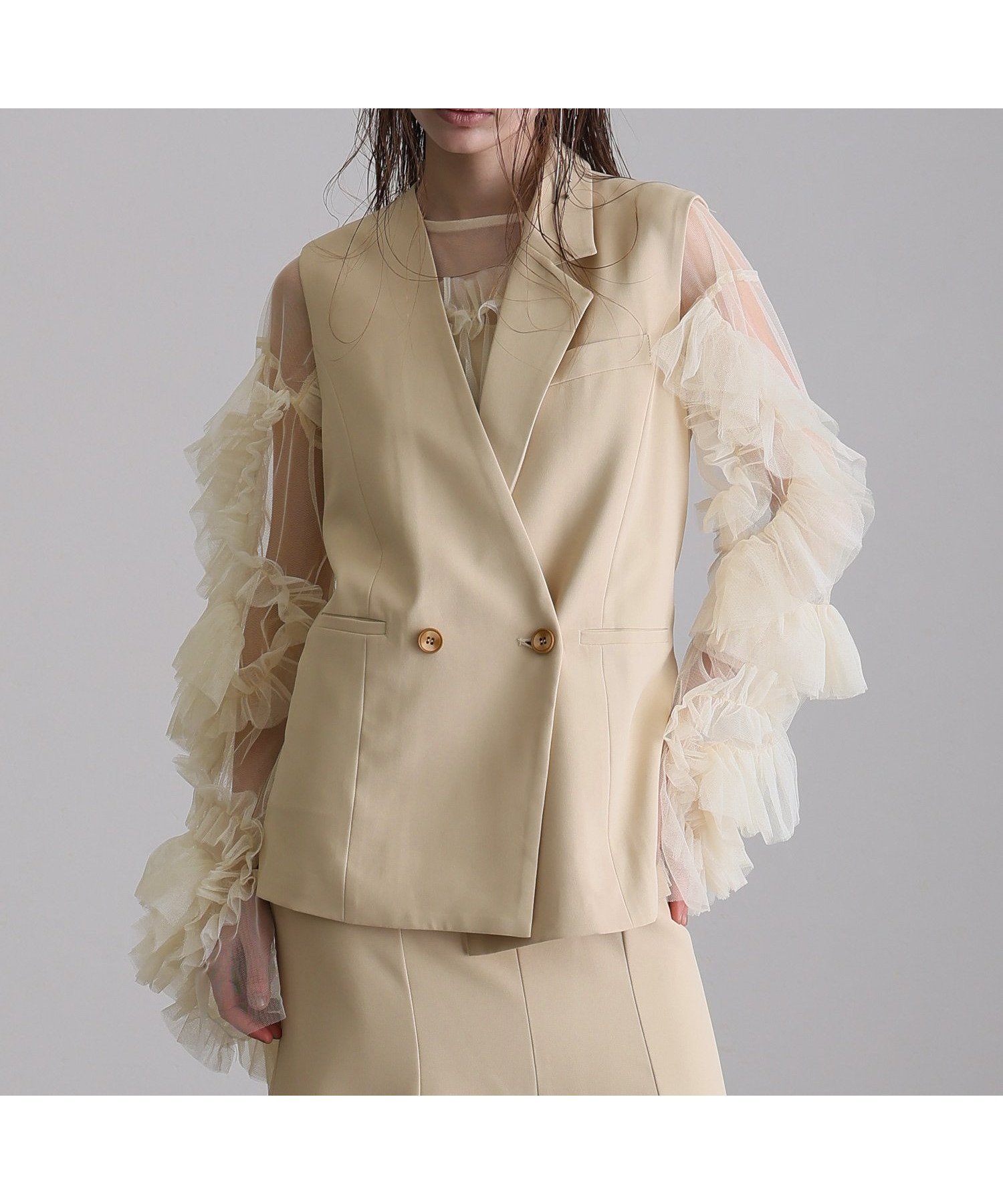 【プールヴー/PourVous】のシアーチュールレイヤード ジレドレス3点セット 結婚式 パーティードレス インテリア・キッズ・メンズ・レディースファッション・服の通販 founy(ファウニー) 　ファッション　Fashion　レディースファッション　Fashion for Women　アウター　Coat / Outerwear Collection　トップス・カットソー　Cut & Sew Tops　ベスト&ジレ / 重ね着スタイル　Vests & Gilets　ワンピース　Dresses　フォーマル・パーティードレス・結婚式用ドレス　Elegant & Casual Dresses　チュール　Tulip, Tulip Motif　ドレス　Dress, One-Piece　ロング　Long, Long-Length　おすすめ　Recommended / Our Picks　エレガント 上品　Elegant　セレモニー　Ceremony　結婚式　Wedding　二次会　After Party　ベージュ×オフホワイト|ID: prp329100004973258 ipo3291000000037289380