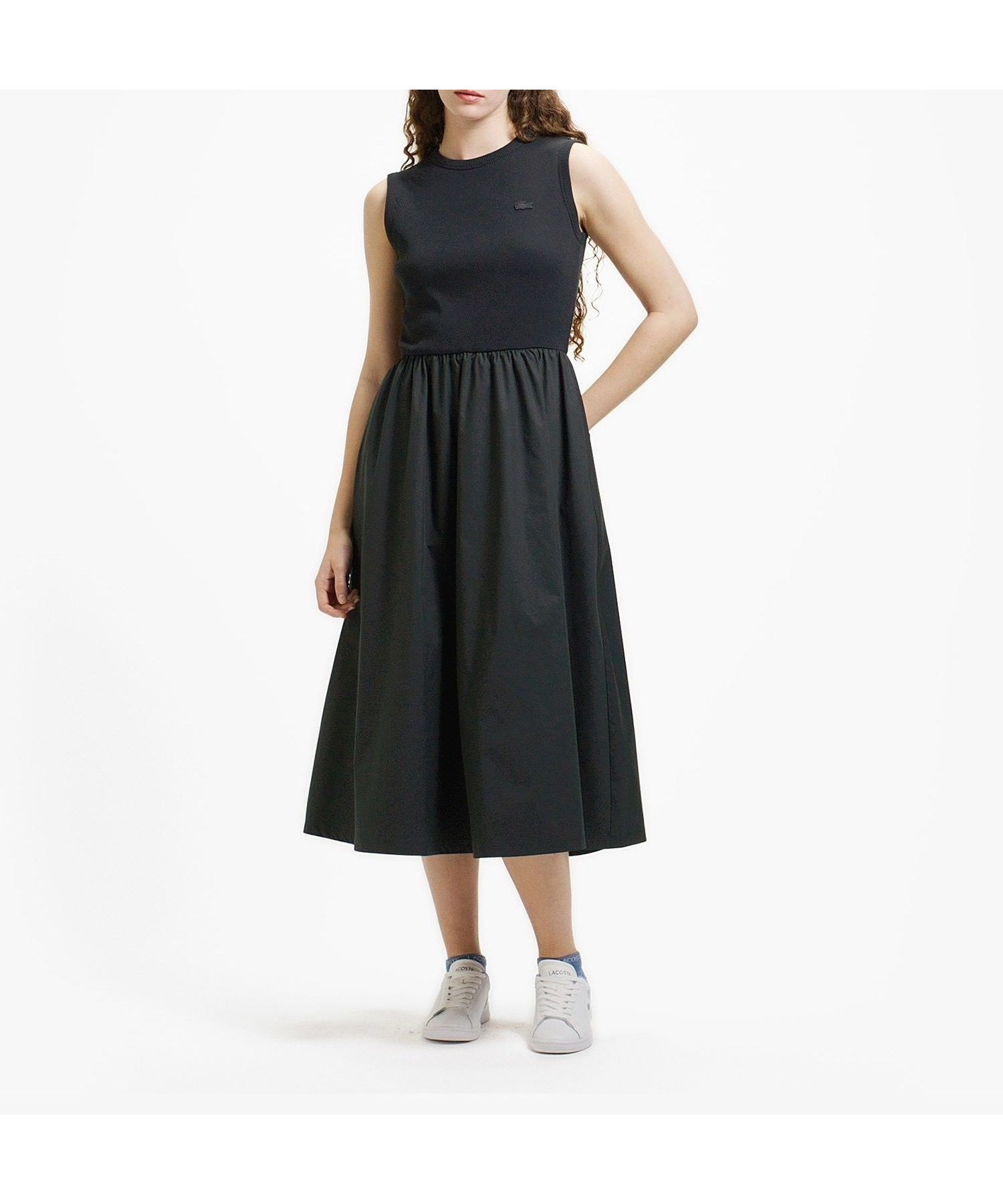 【ラコステ/LACOSTE】の異素材コンビノースリーブドレス インテリア・キッズ・メンズ・レディースファッション・服の通販 founy(ファウニー) 　ファッション　Fashion　レディースファッション　Fashion for Women　トップス・カットソー　Cut & Sew Tops　キャミソール&ノースリーブ　Camisoles & Sleeveless Tops　ワンピース　Dresses　フォーマル・パーティードレス・結婚式用ドレス　Elegant & Casual Dresses　コンビ　Combo, Combination Style　フィット　Fit, Slim Fit　フェミニン　Feminine, Girly　フレア　Flare, Flared　エレガント 上品　Elegant　ブラック|ID: prp329100004973267 ipo3291000000037289418