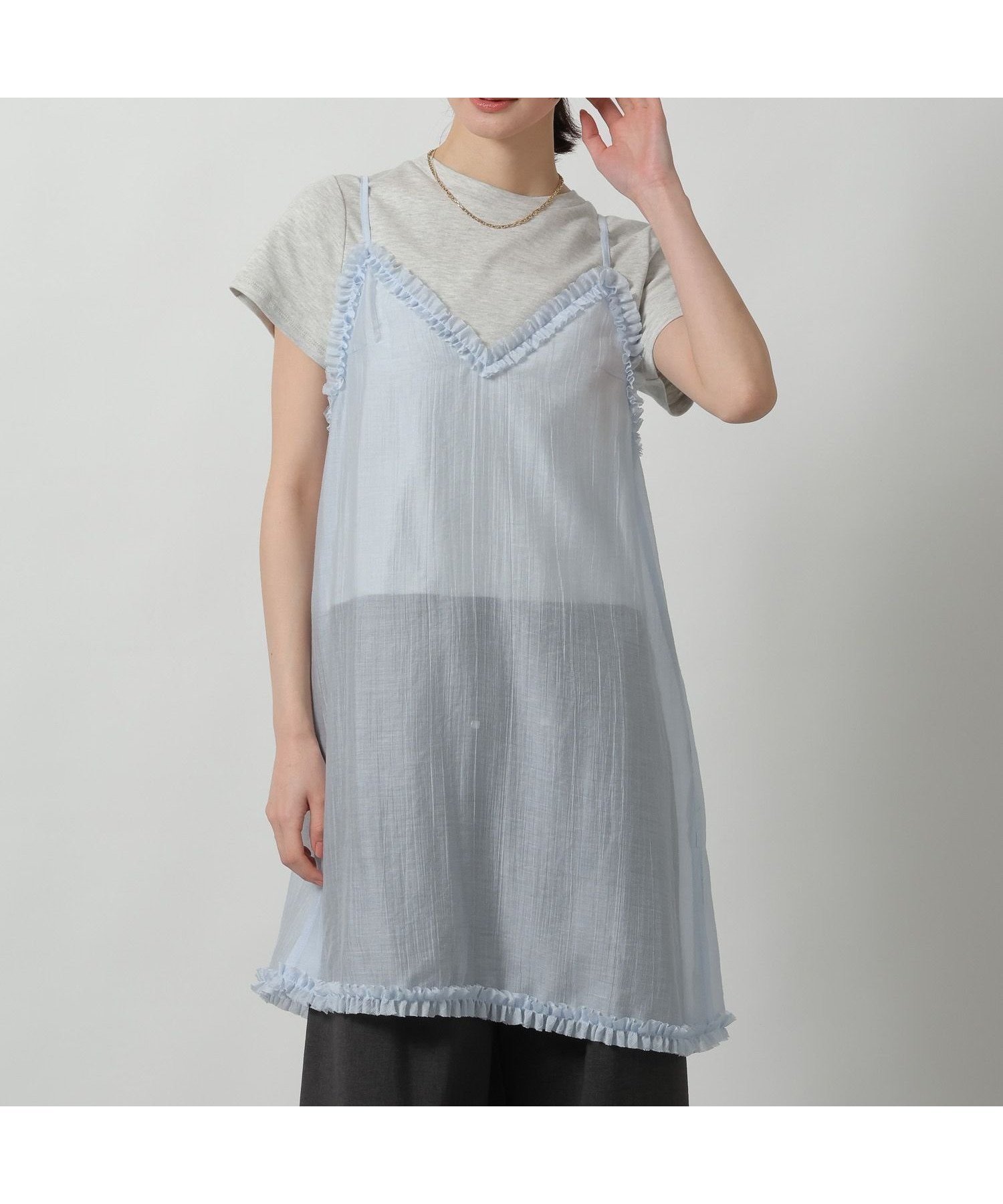 【ラコレ/LAKOLE】のシアーフリルミニキャミワンピース インテリア・キッズ・メンズ・レディースファッション・服の通販 founy(ファウニー) 　ファッション　Fashion　レディースファッション　Fashion for Women　ワンピース　Dresses　キャミソールワンピース　Camisole Dresses　おすすめ　Recommended / Our Picks　キャミワンピース　Cami Dress, Slip Dress　シアー　Sheer, See-Through　シンプル　Simple, Minimal　デニム　Denim, Jeans Material　フリル　Frill, Ruffle　サックスブルー|ID: prp329100004973306 ipo3291000000037289577